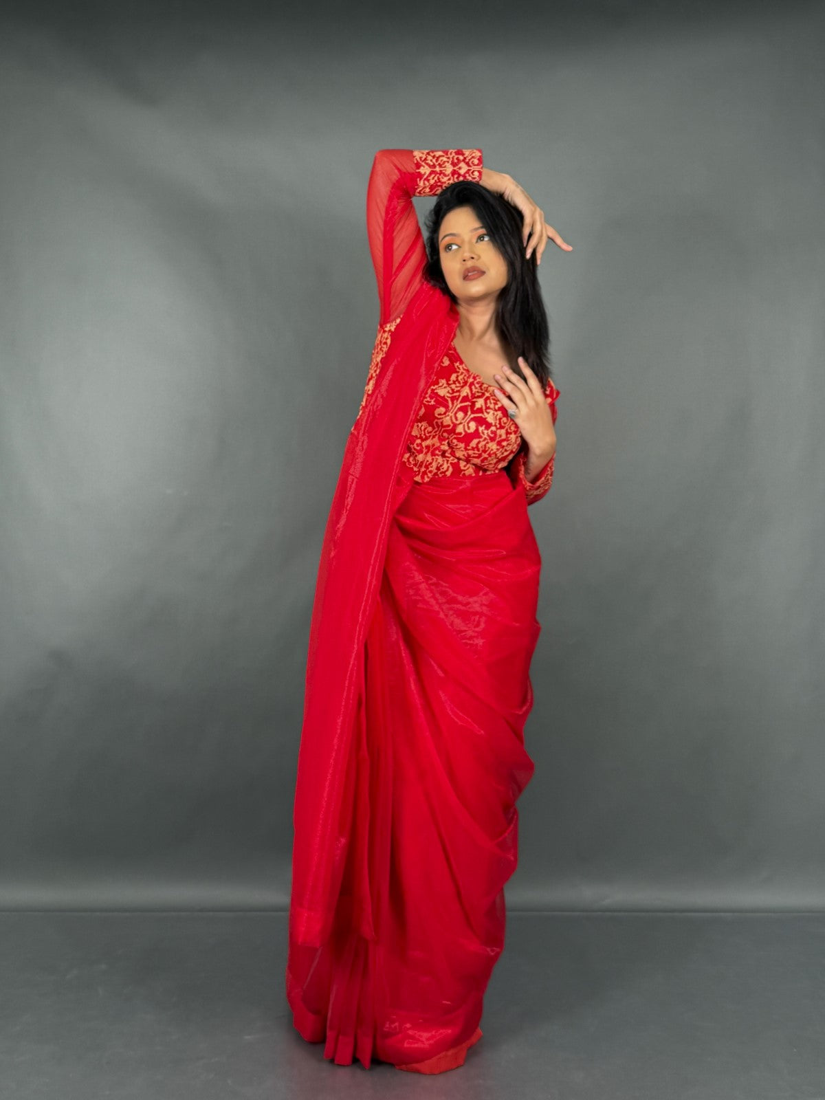 Scarlet Radiance Red Brasso Ready to Wear Saree