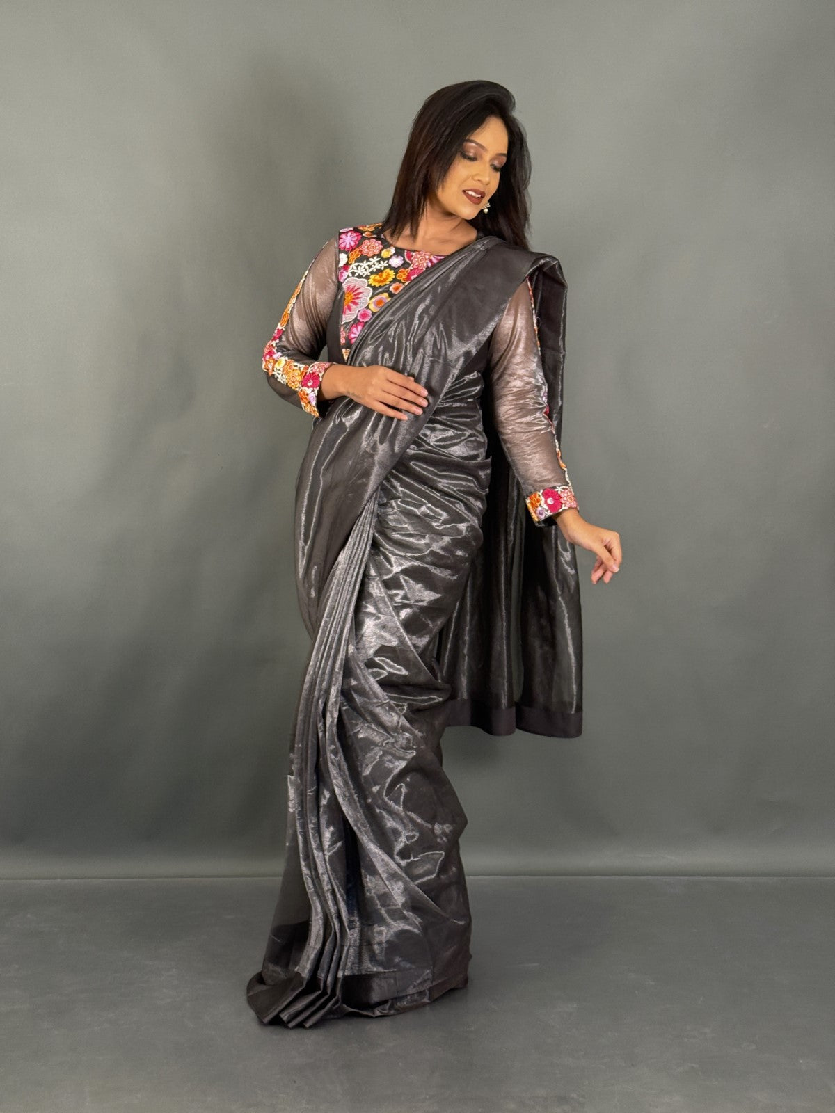Shadow Bloom Charcoal Black Ready to wear saree