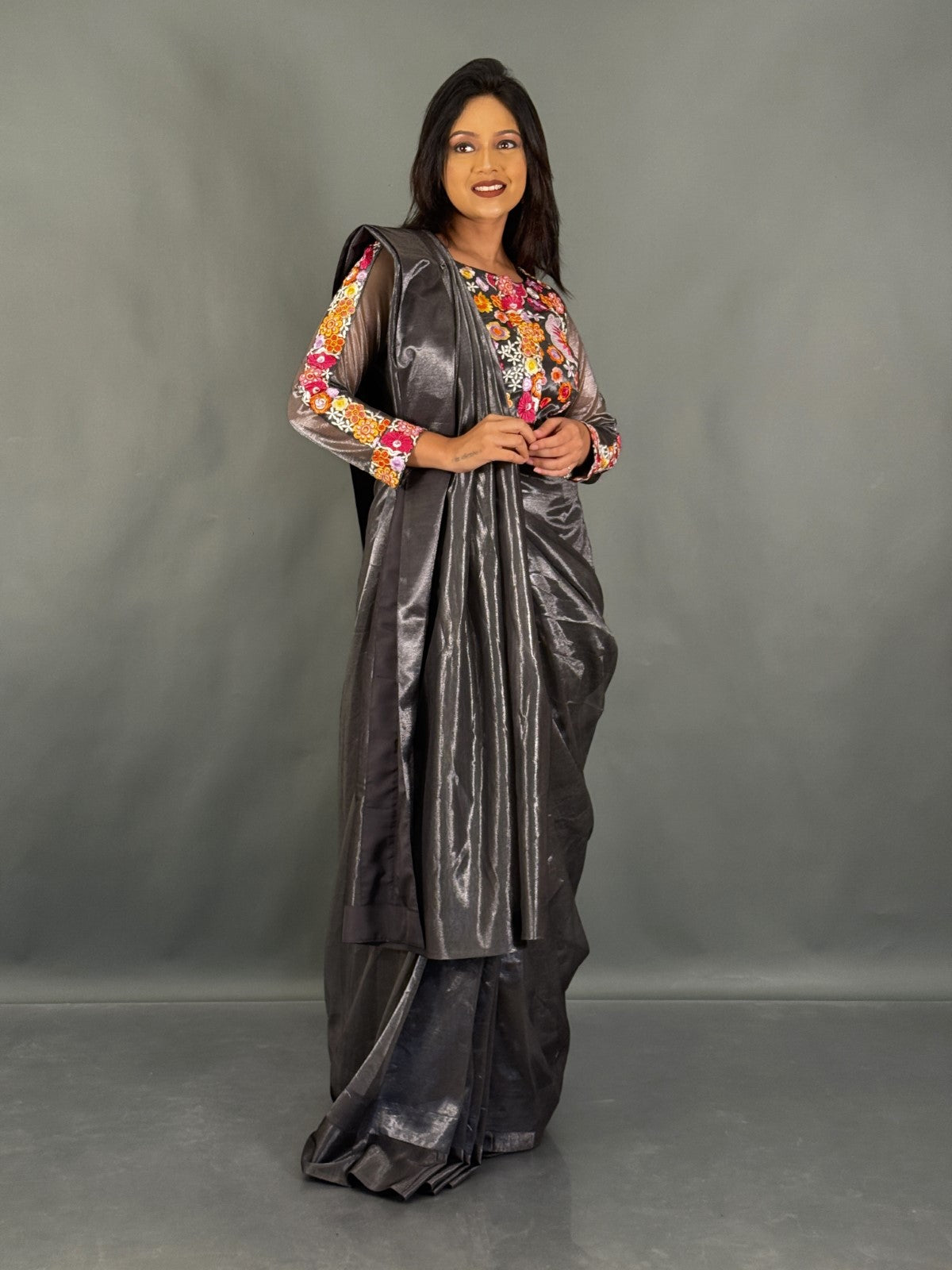 Smoky Elegance Charcoal Black Ready to wear Saree