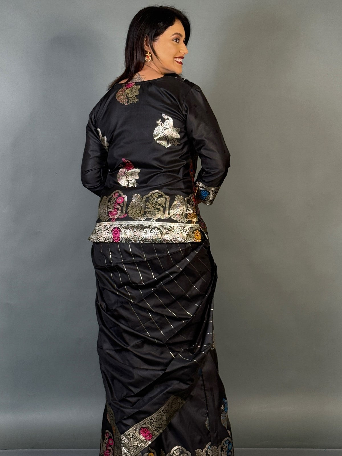 Midnight Elegance Black Fusion Partywear Saree Set