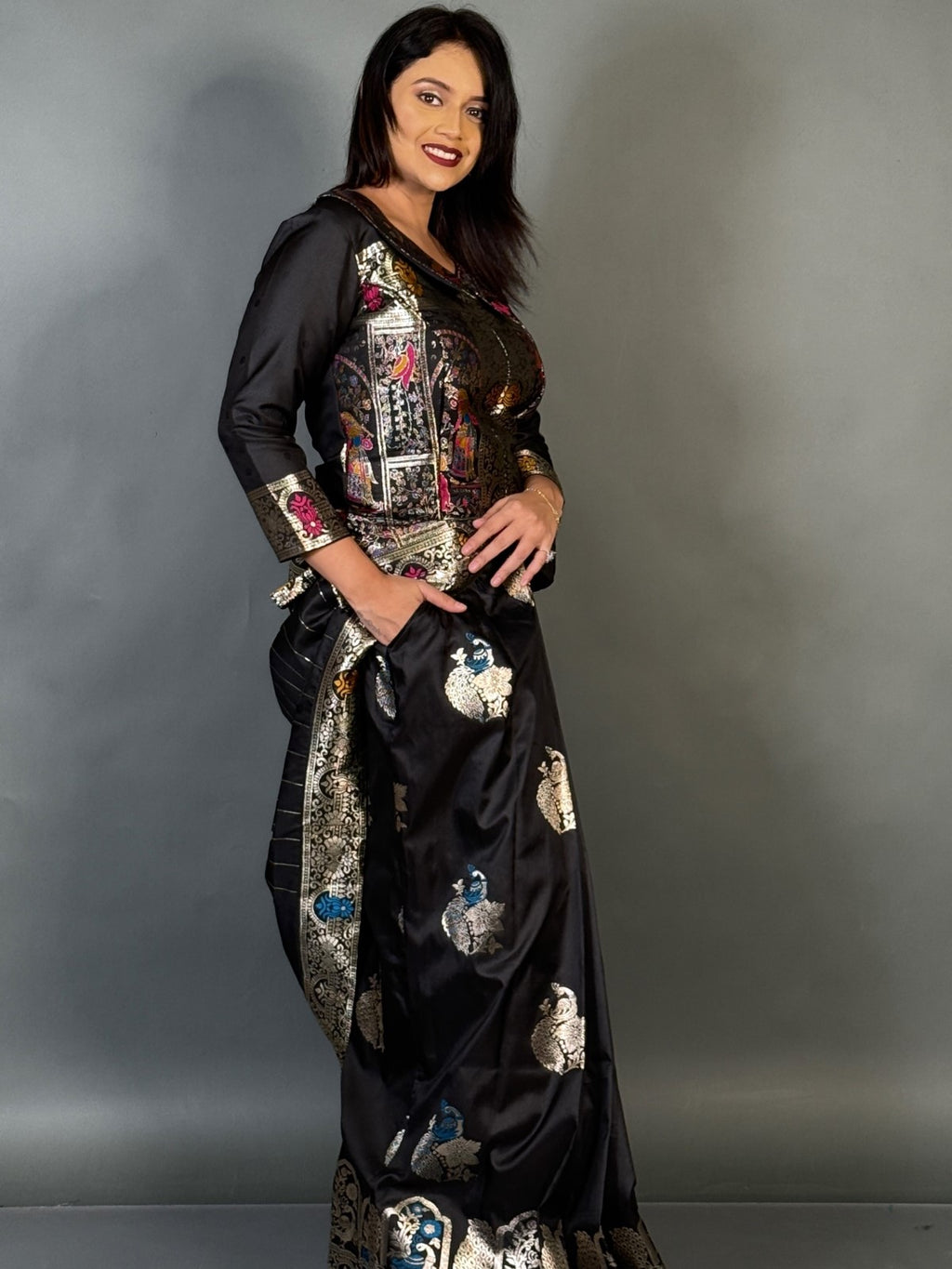 Midnight Elegance Black Fusion Partywear Saree Set