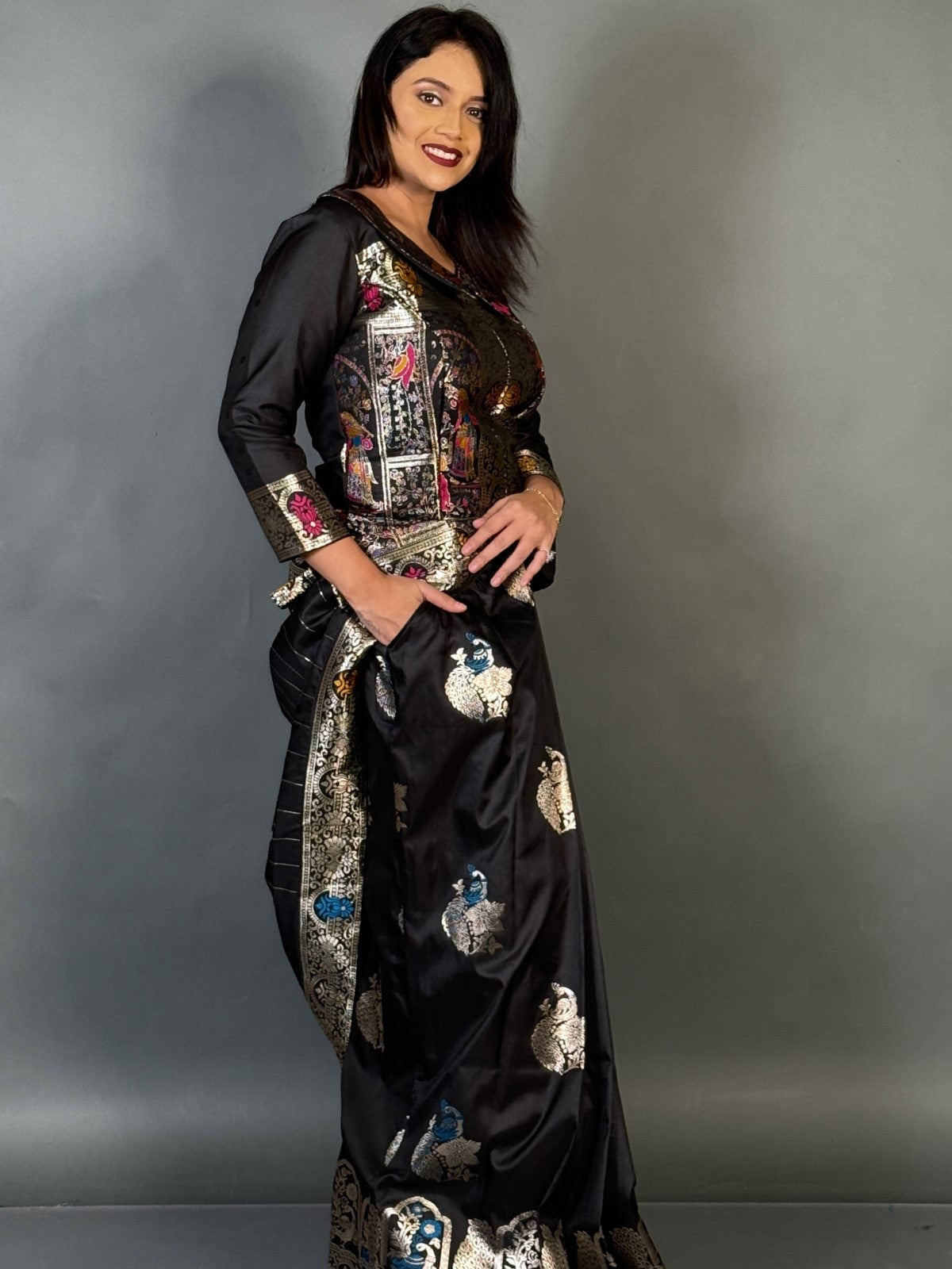 Midnight Elegance Black Fusion Partywear Saree Set