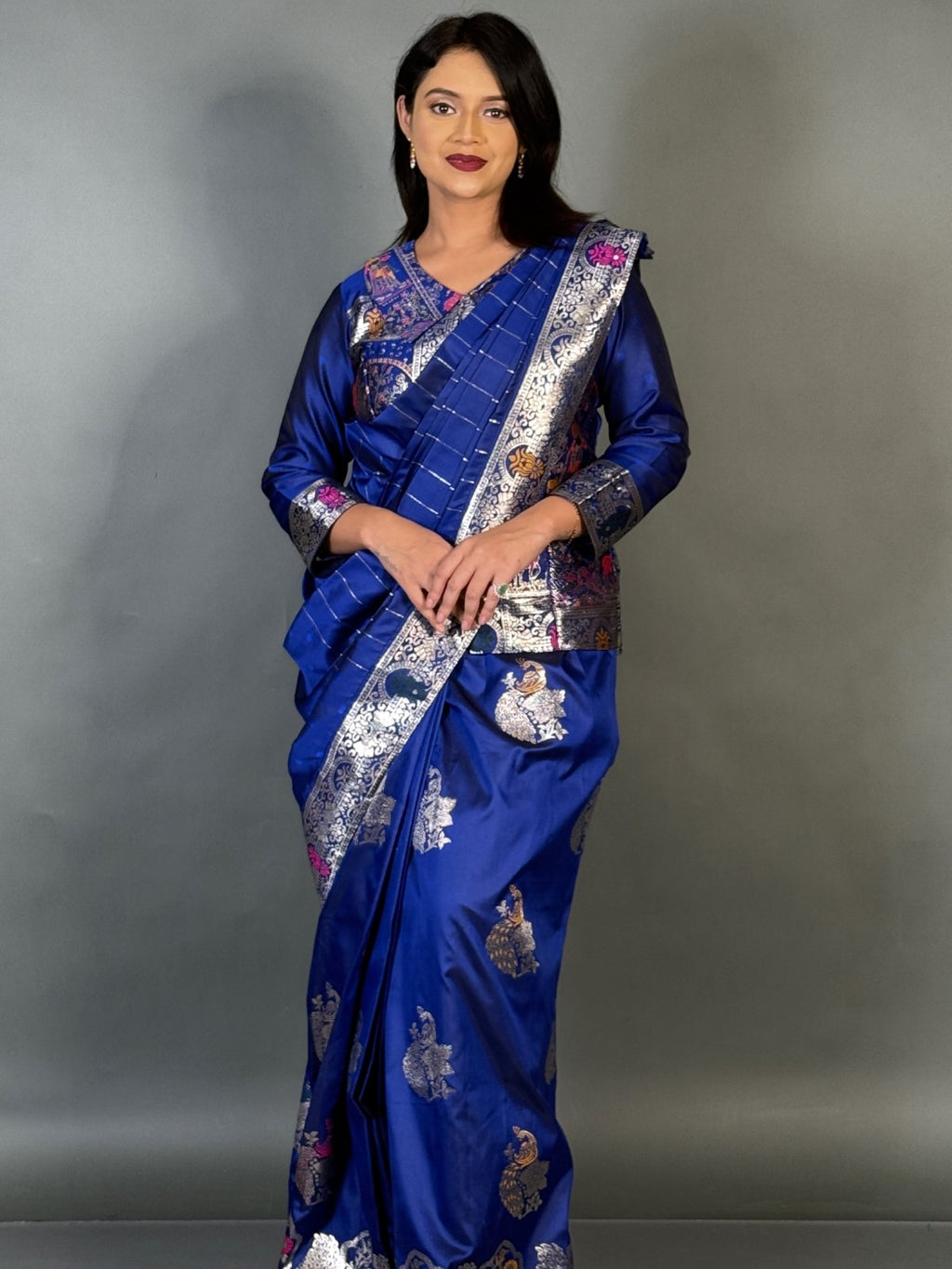 Twilight Royal Blue Semi Katan Benarasi Fusion Saree Set