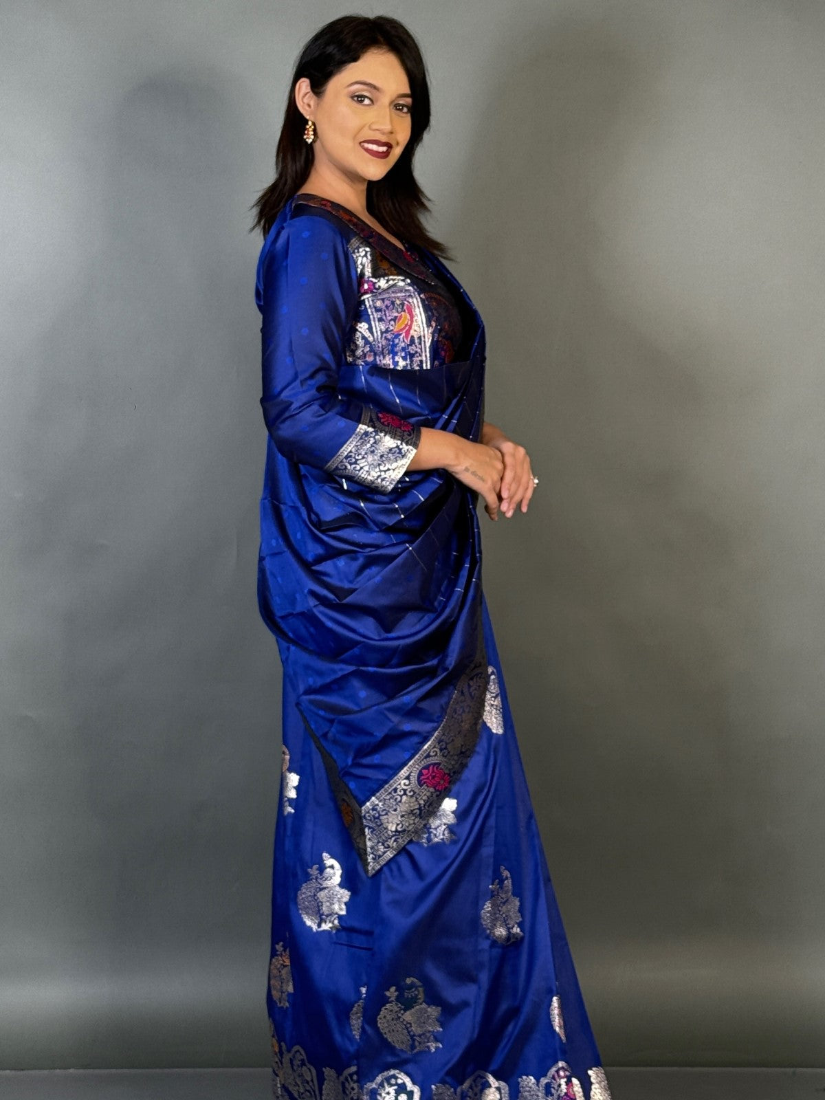 Twilight Royal Blue Semi Katan Benarasi Fusion Saree Set