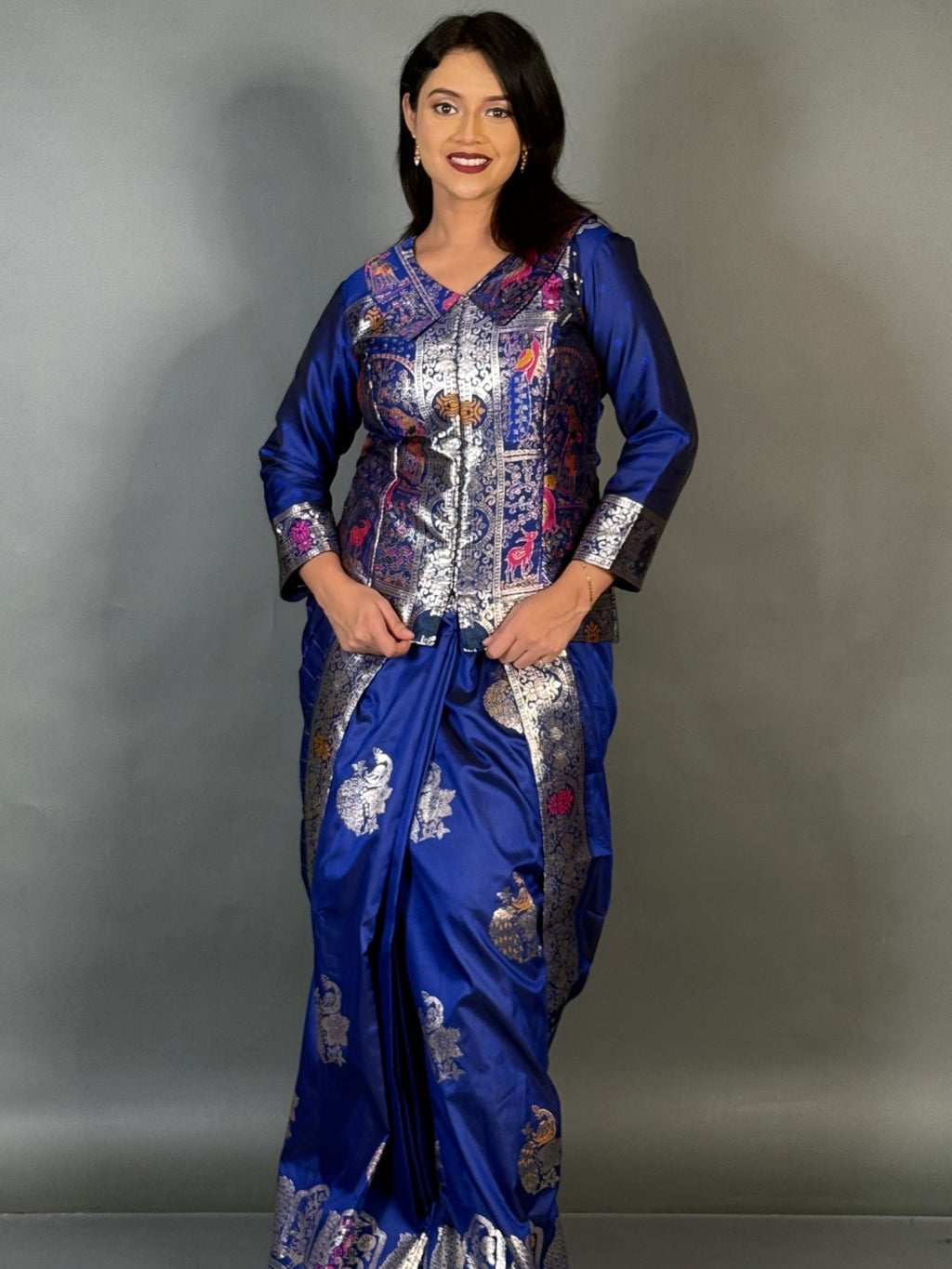 Twilight Royal Blue Semi Katan Benarasi Fusion Saree Set