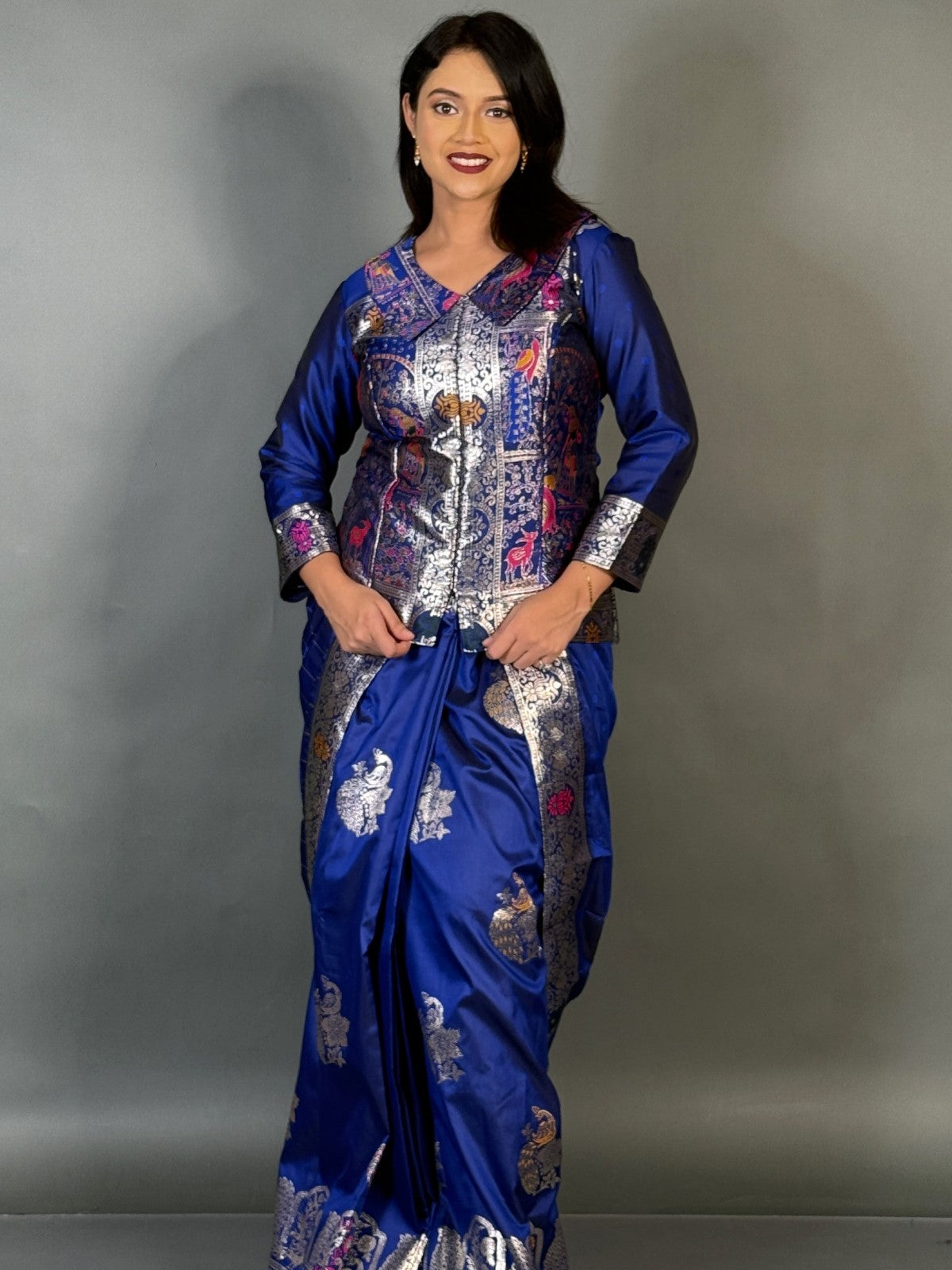 Twilight Royal Blue Semi Katan Benarasi Fusion Saree Set