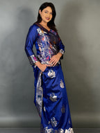Twilight Royal Blue Semi Katan Benarasi Fusion Saree Set