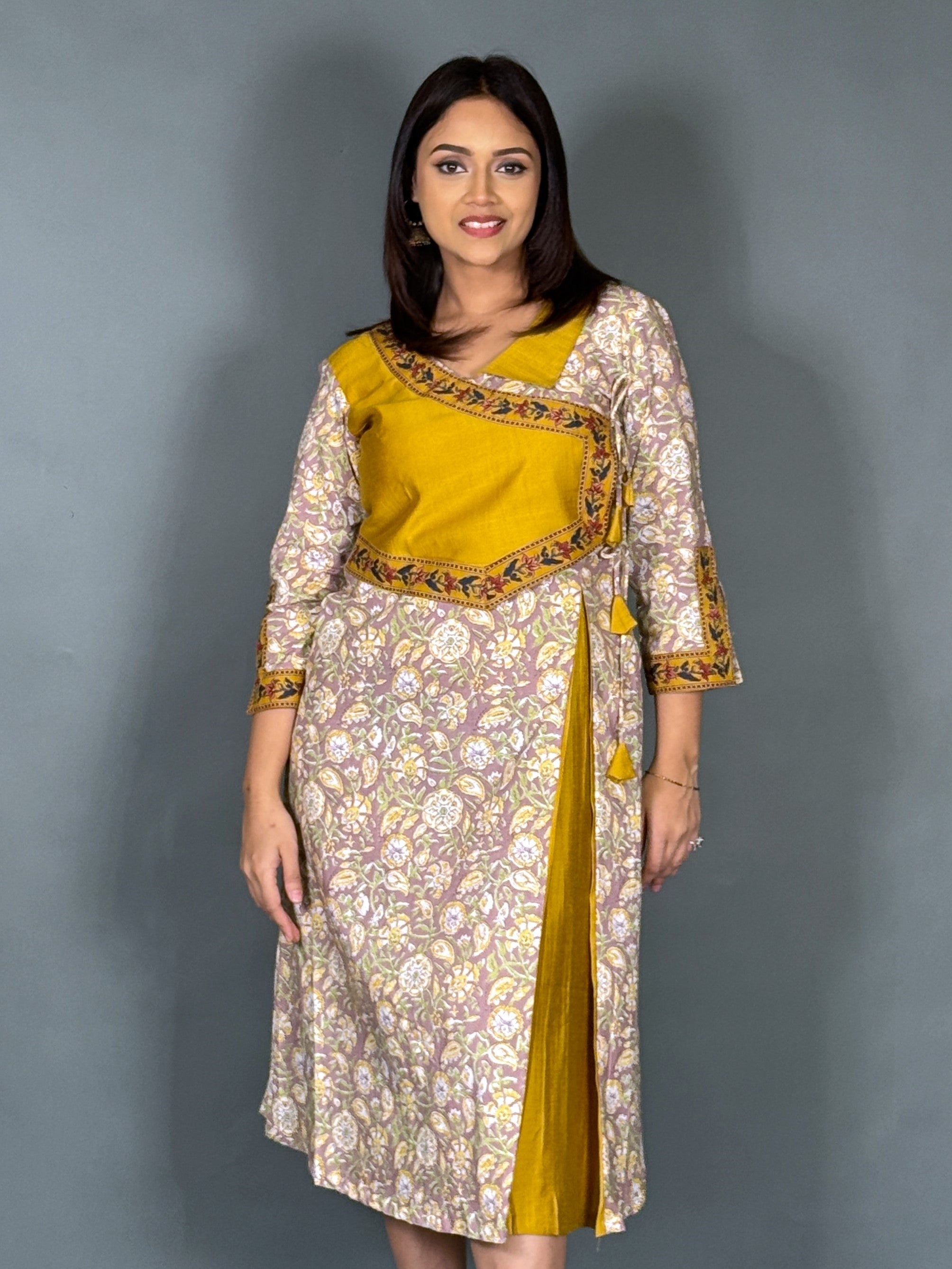 Mustard Bloom Angrakha Kurti for Corporate Elegance
