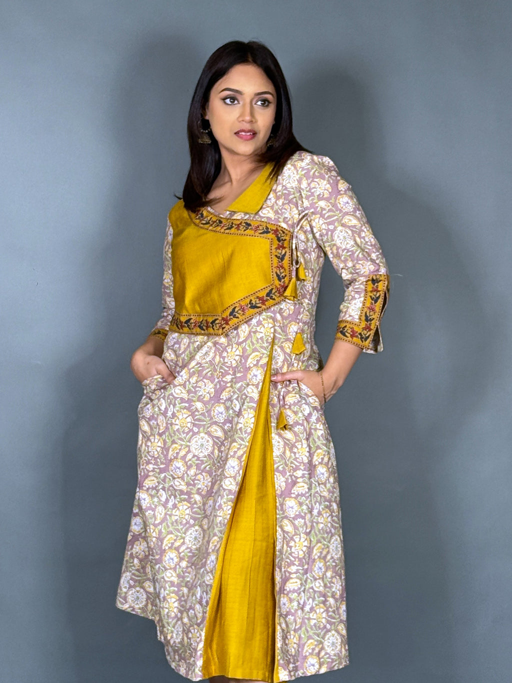 Mustard Bloom Angrakha Kurti for Corporate Elegance