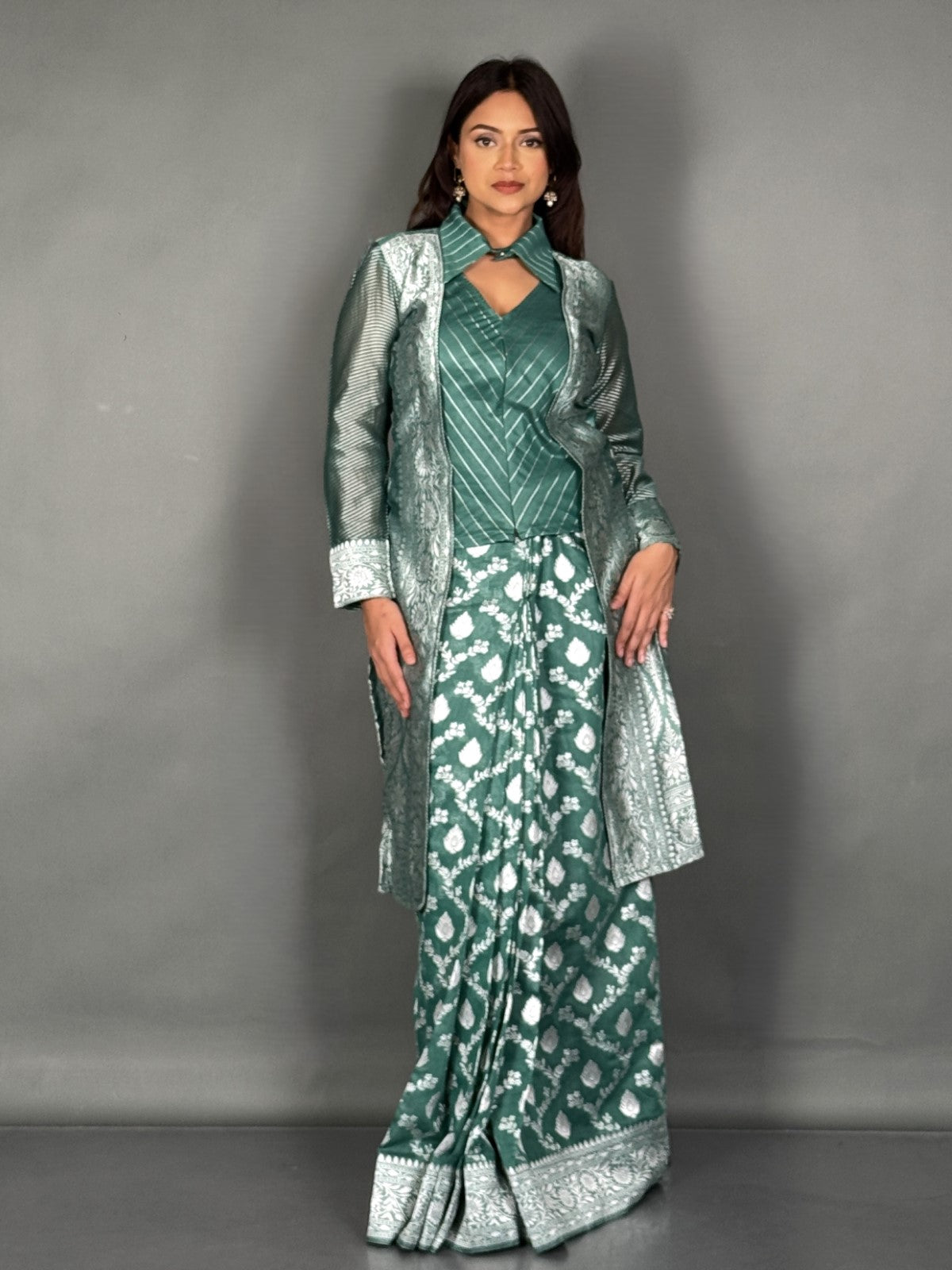 Curvy Friendly Rama Green Jamdani Jacket Saree