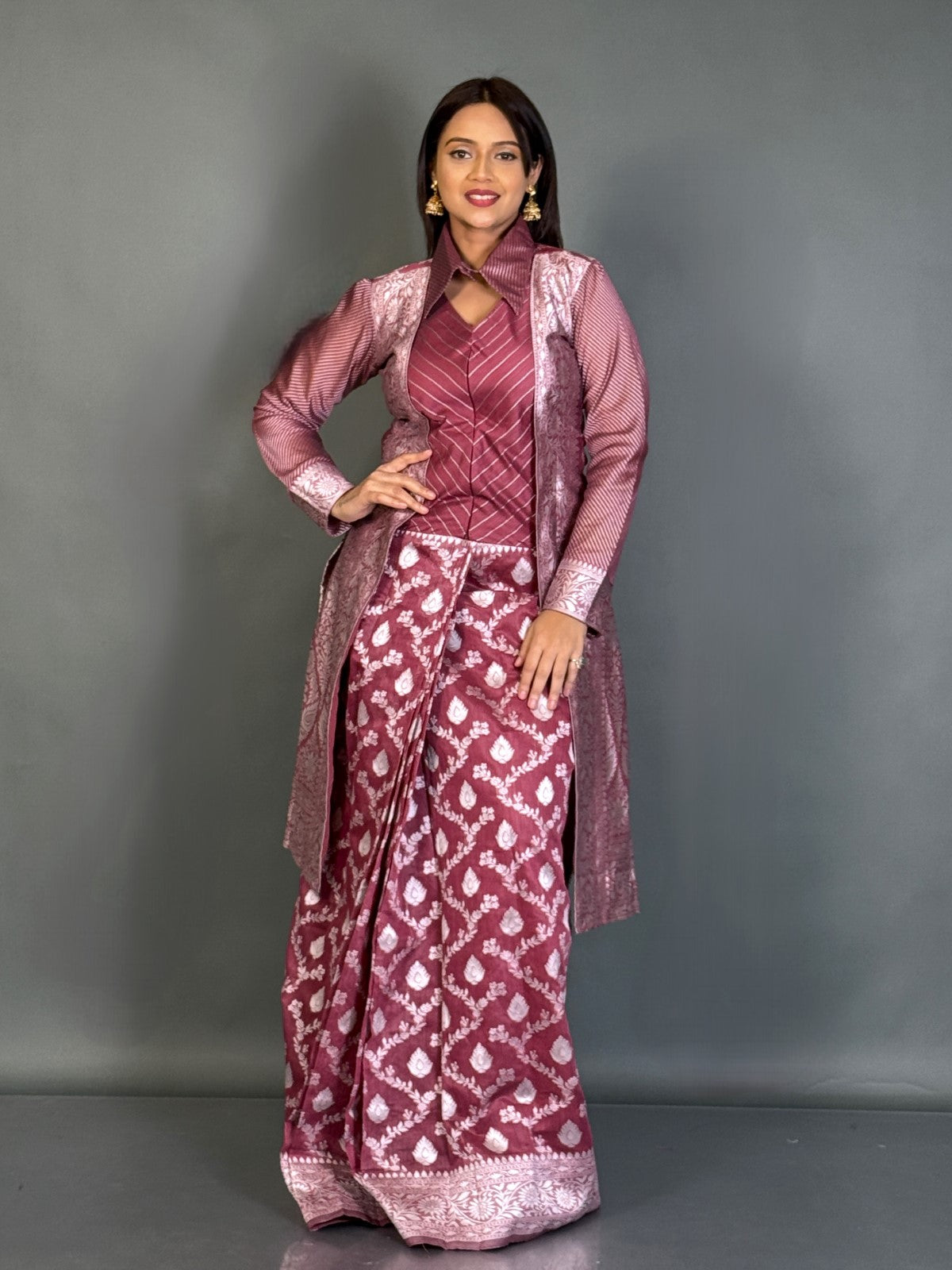 Onion Hued Jamdani Fusion Jacket Saree Set – Rubynique