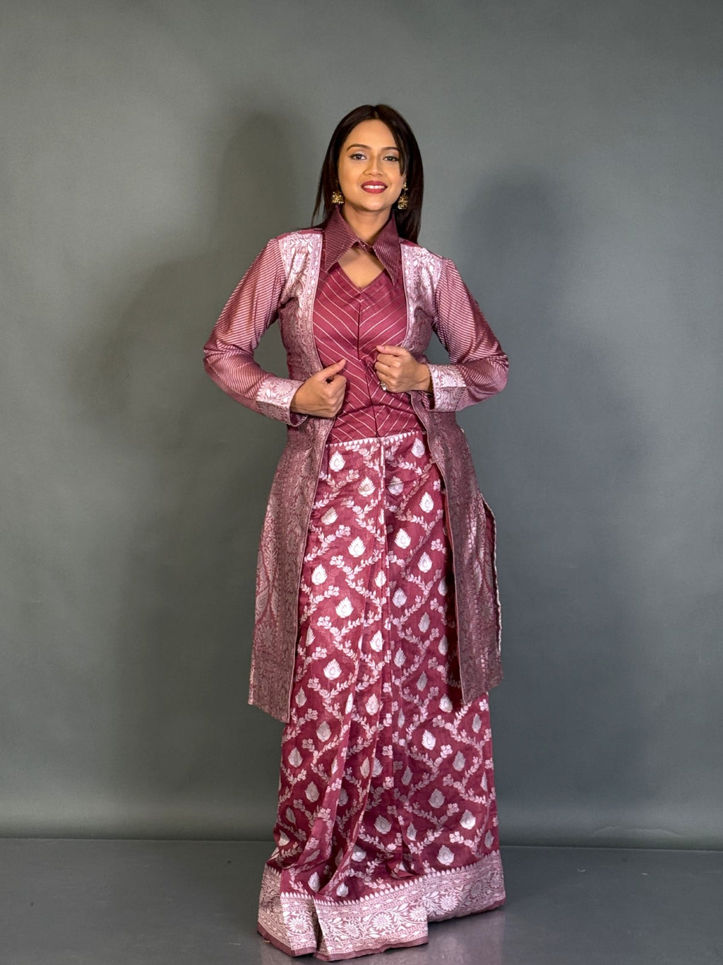 Onion Hued Jamdani Fusion Jacket Saree Set