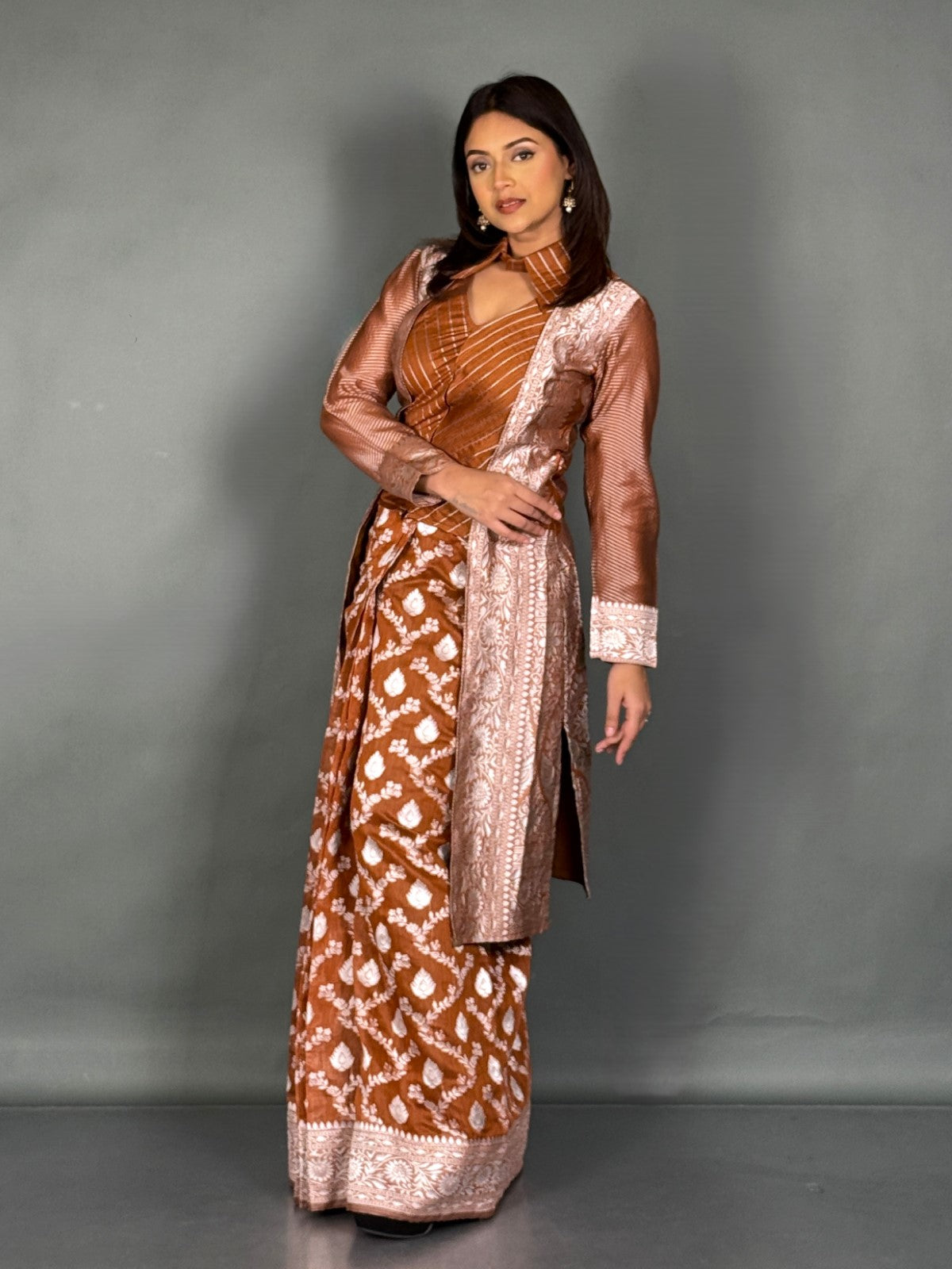 Rust Jamdani Fusion Jacket Saree Set for Elegant Occasions