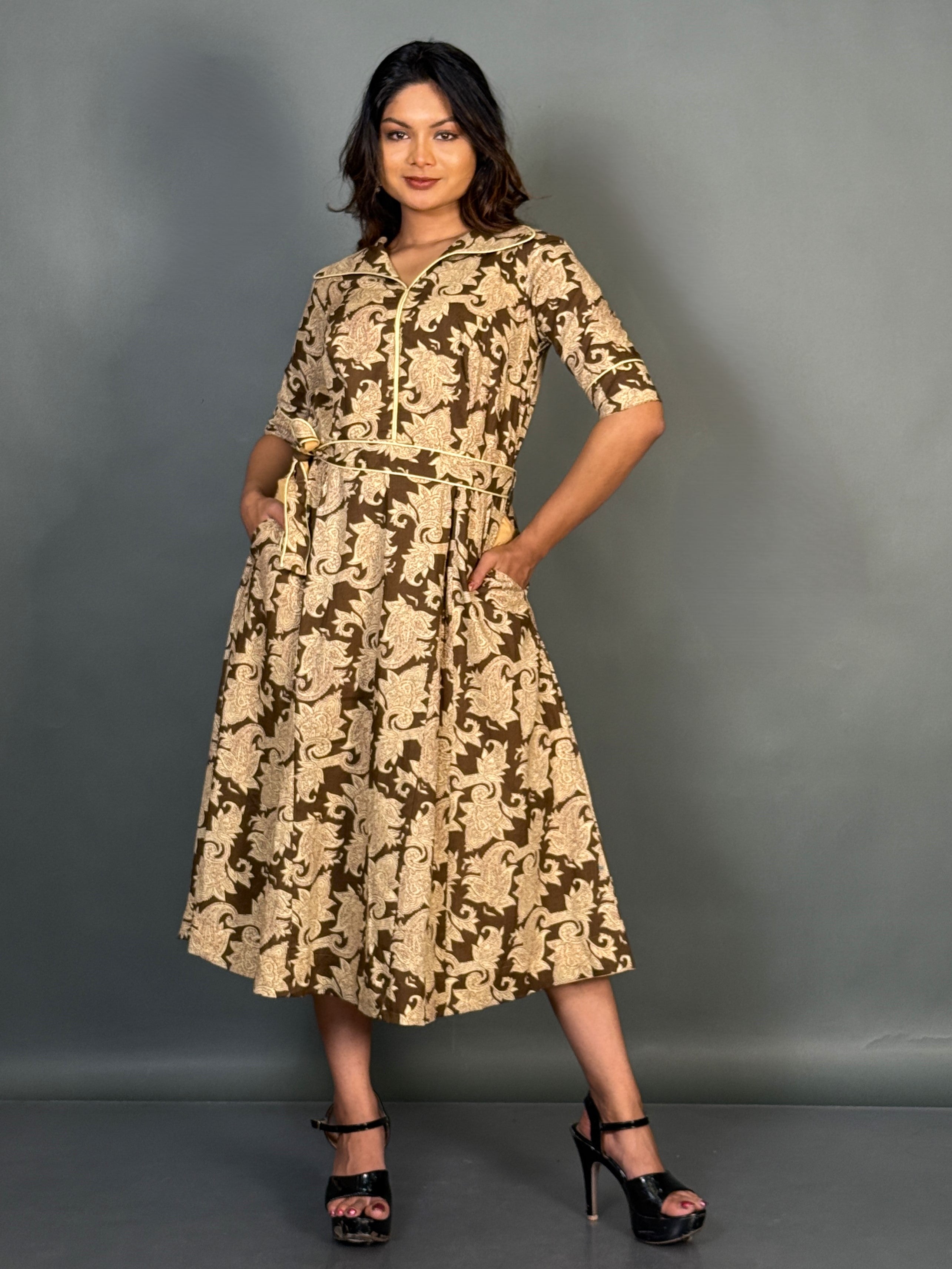 Mocha Elegance Cotton Collar Dress