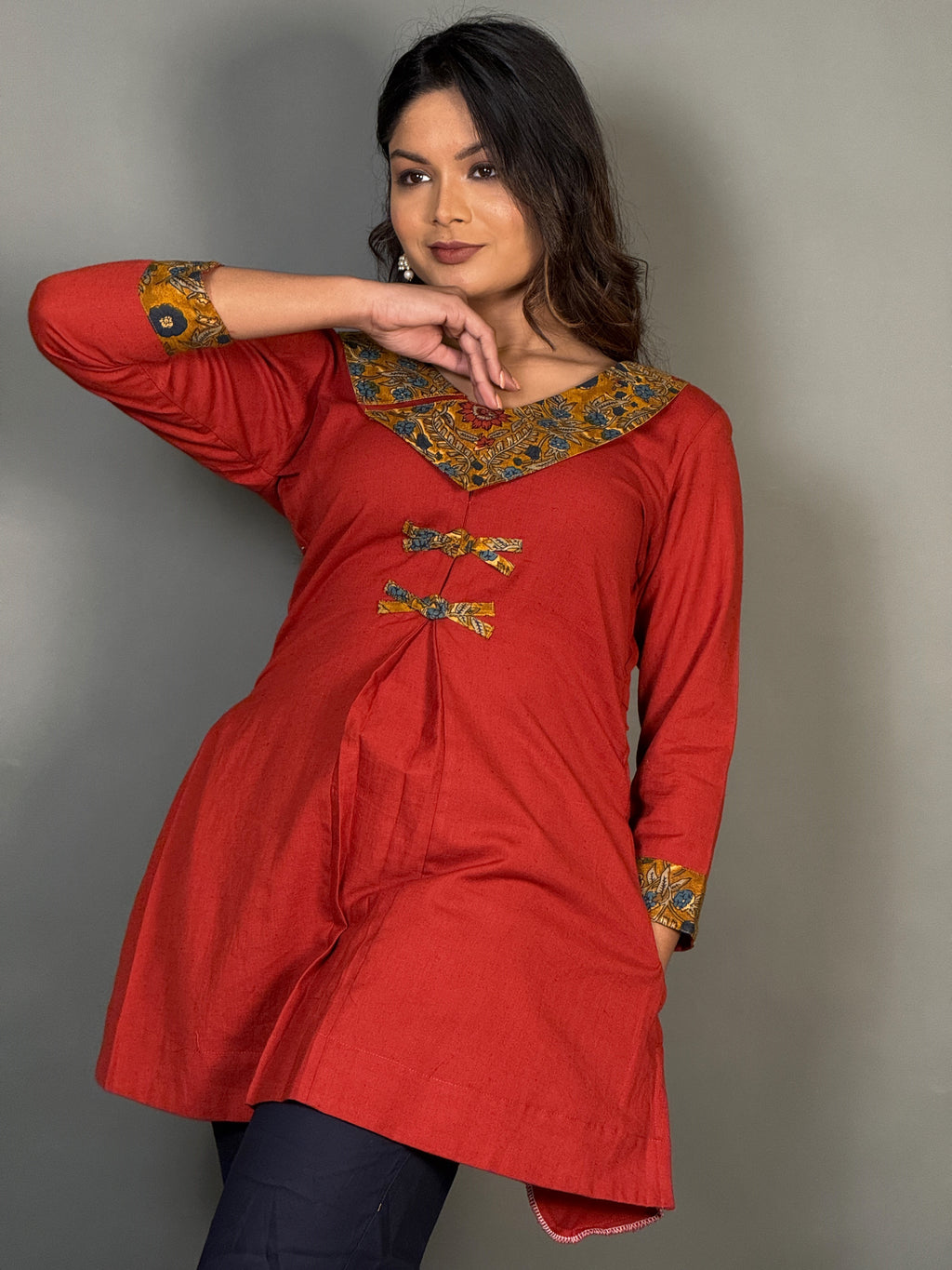 Elegant Maroon Designer Neck Cotton Kurti