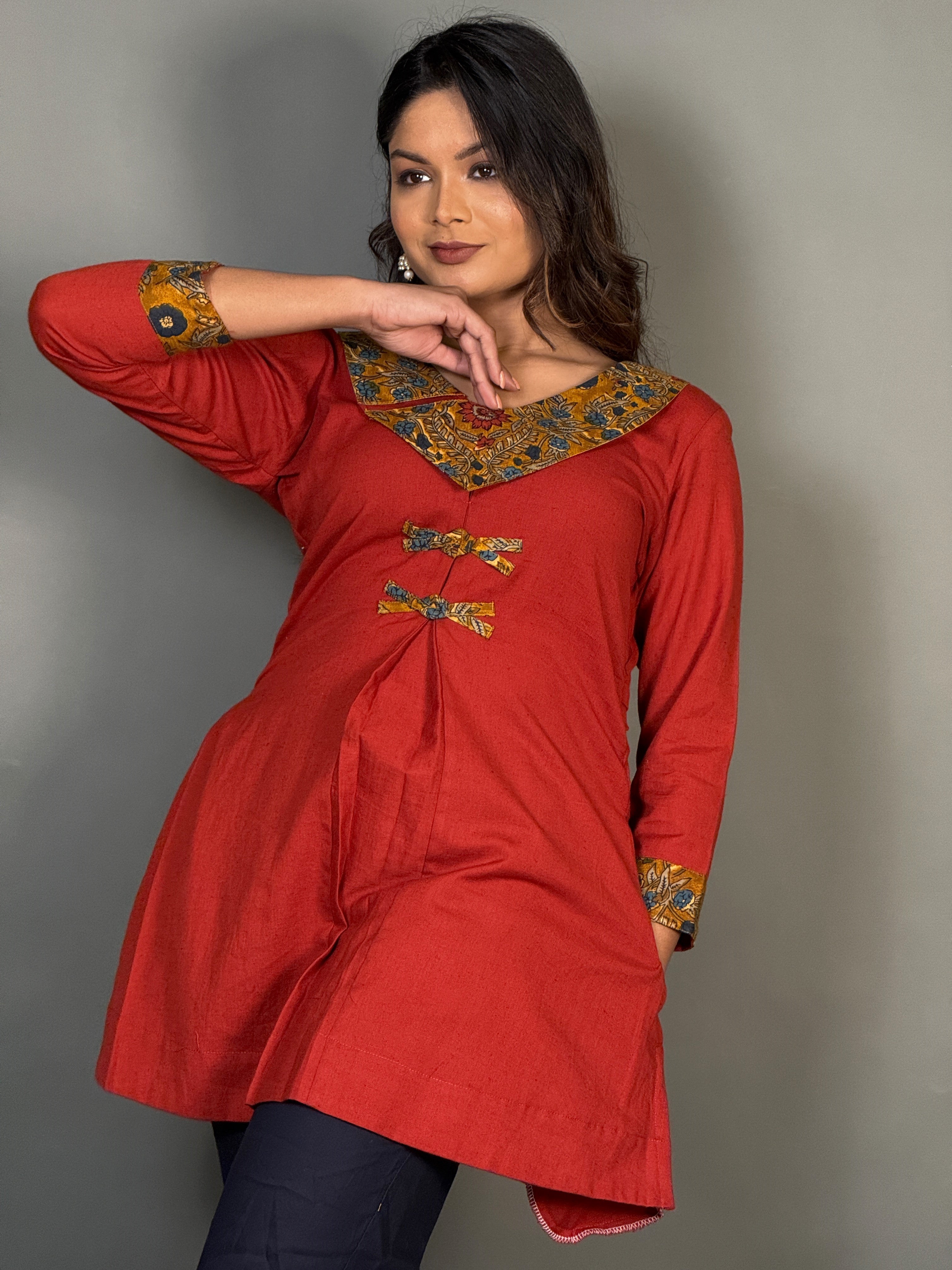 Elegant Maroon Designer Neck Cotton Kurti