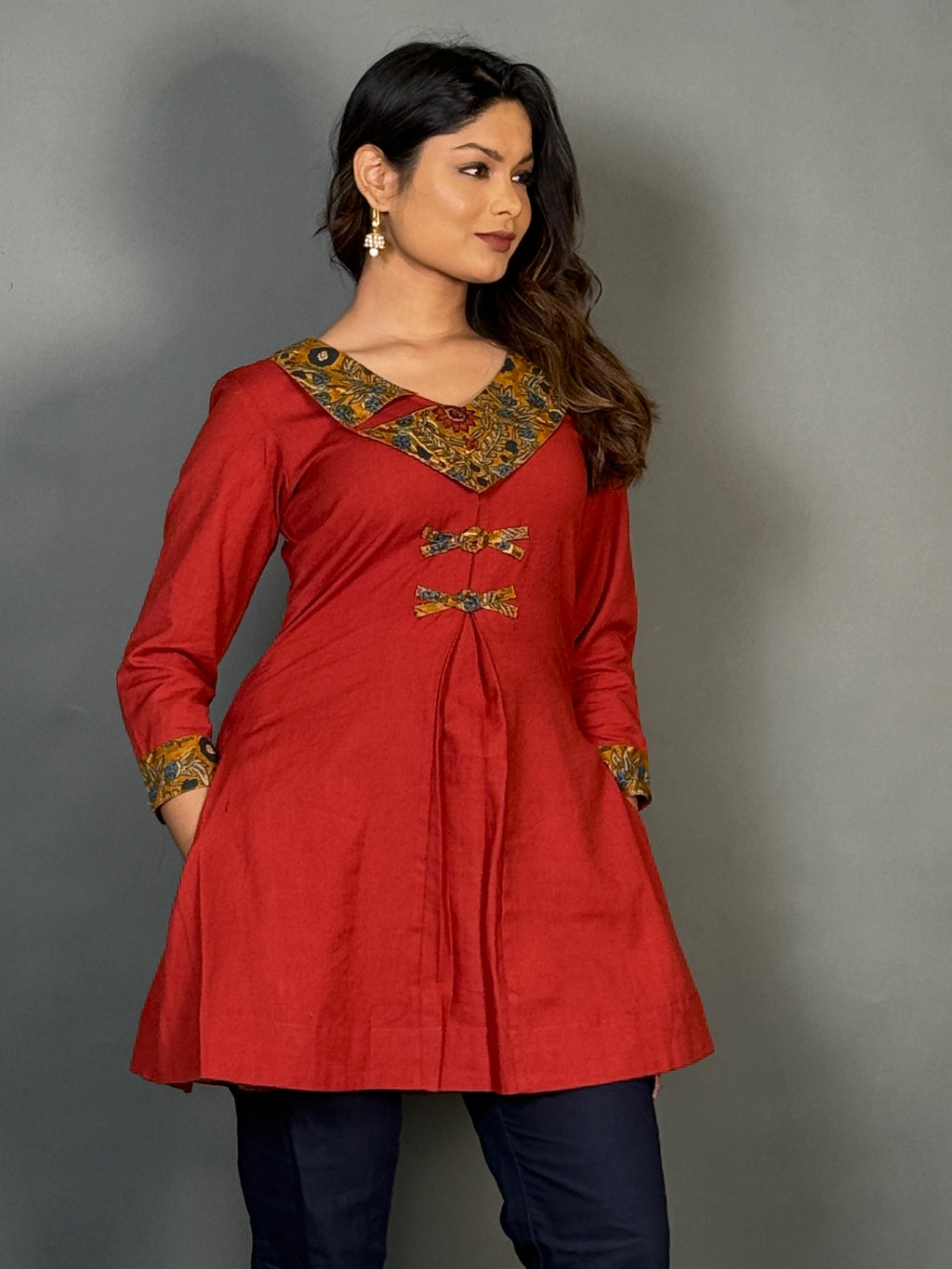 Elegant Maroon Designer Neck Cotton Kurti