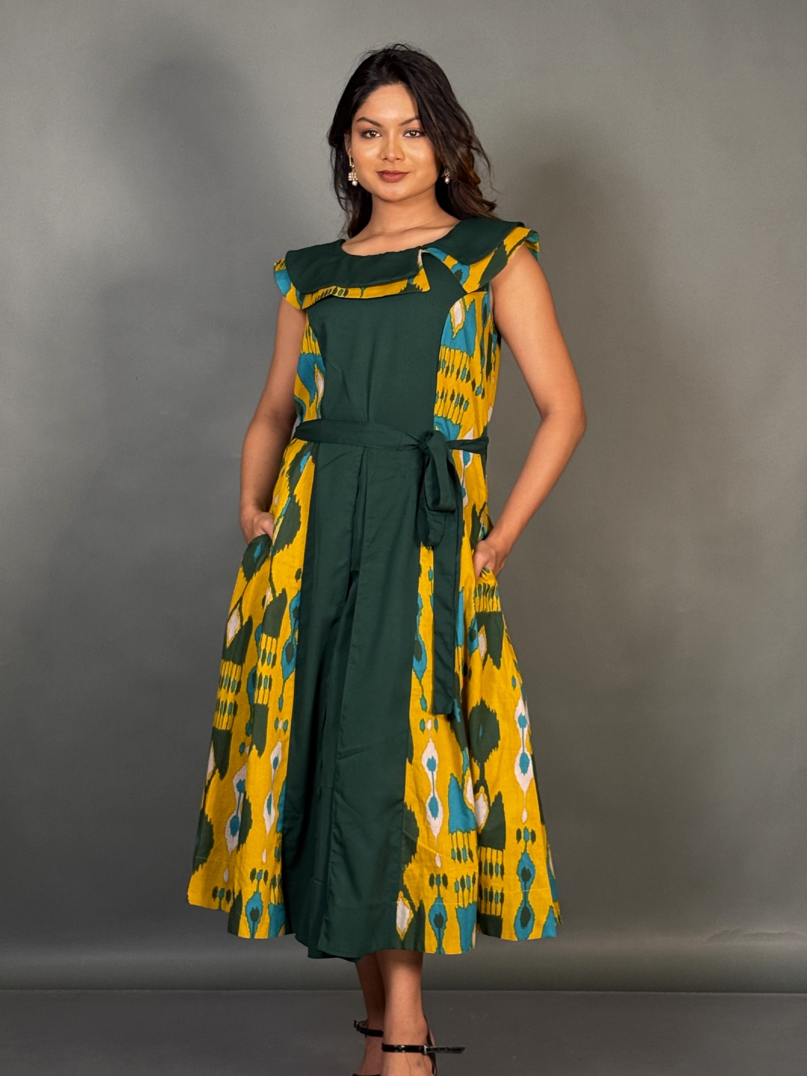 Earthy Elegance Yellow Green Cotton Fusion Dress