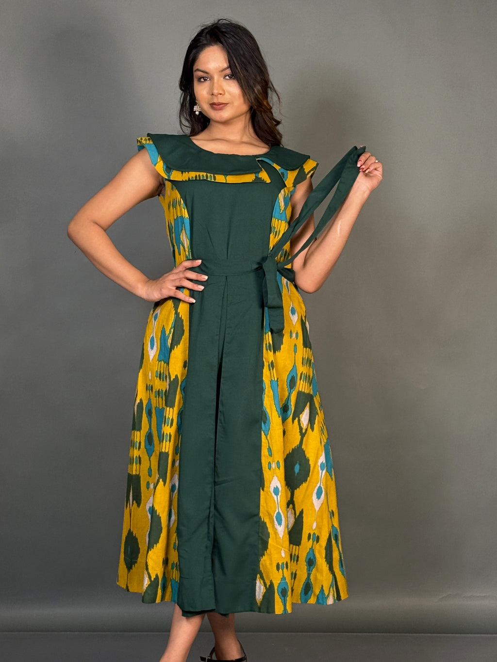 Earthy Elegance Yellow Green Cotton Fusion Dress