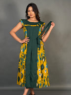 Earthy Elegance Yellow Green Cotton Fusion Dress