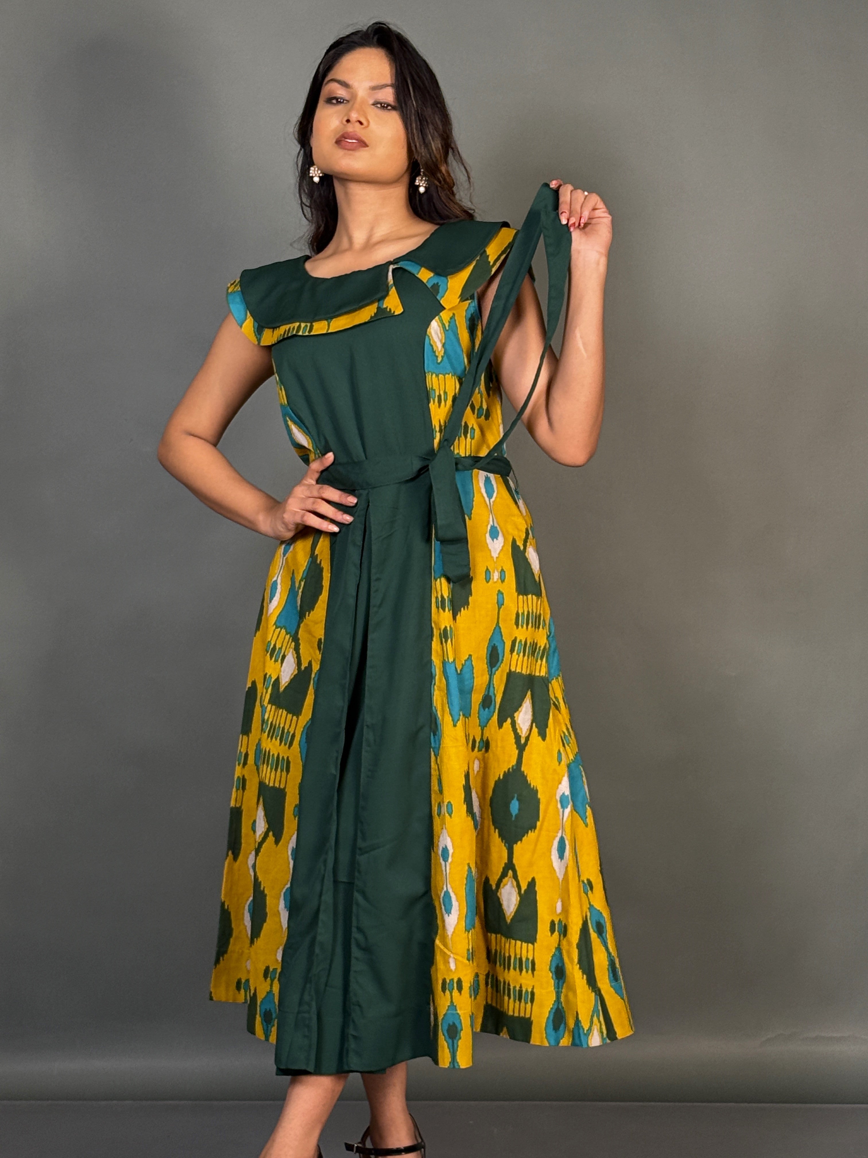 Earthy Elegance Yellow Green Cotton Fusion Dress
