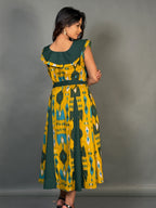 Earthy Elegance Yellow Green Cotton Fusion Dress
