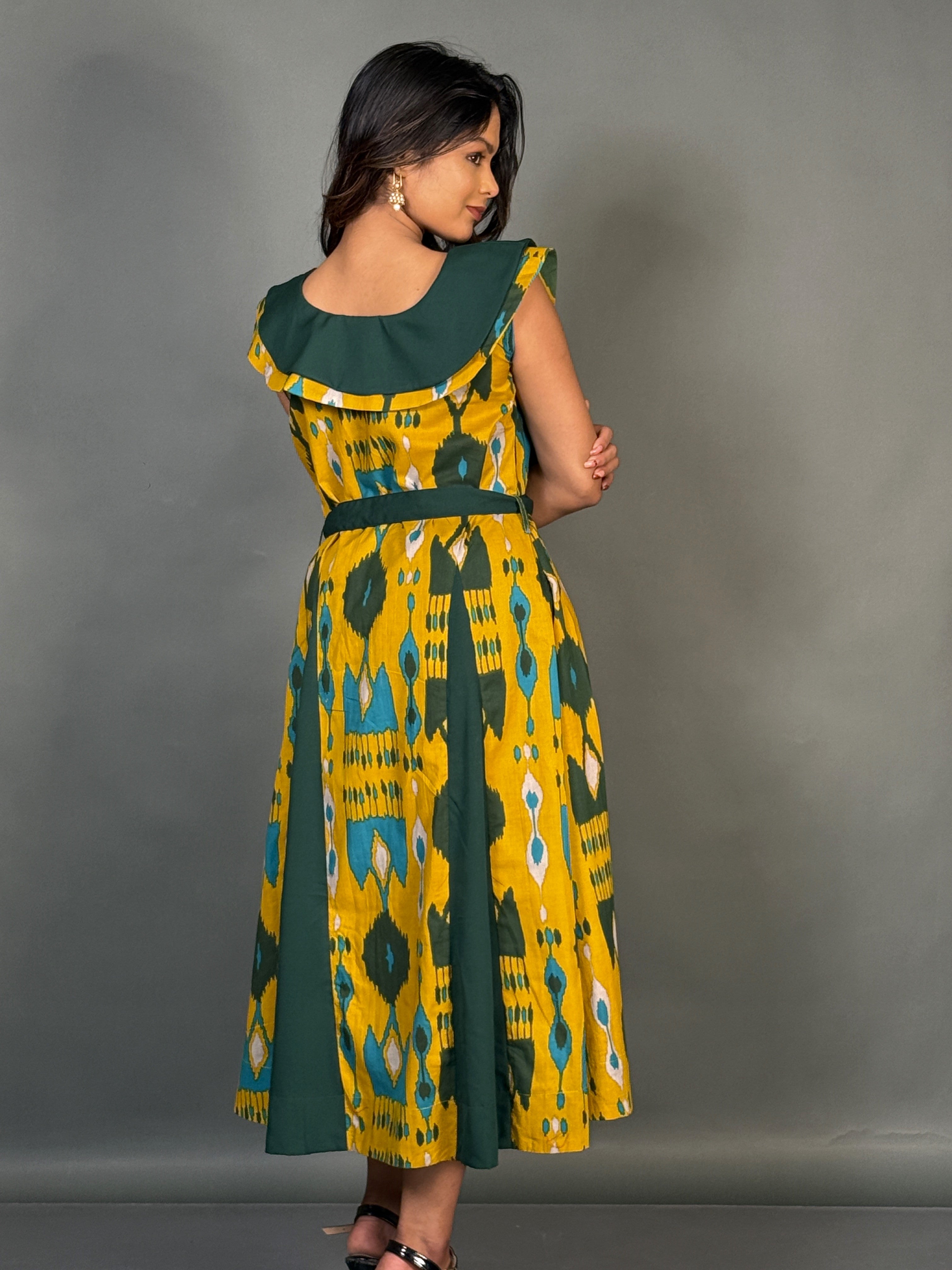 Earthy Elegance Yellow Green Cotton Fusion Dress