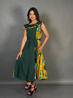 Earthy Elegance Yellow Green Cotton Fusion Dress