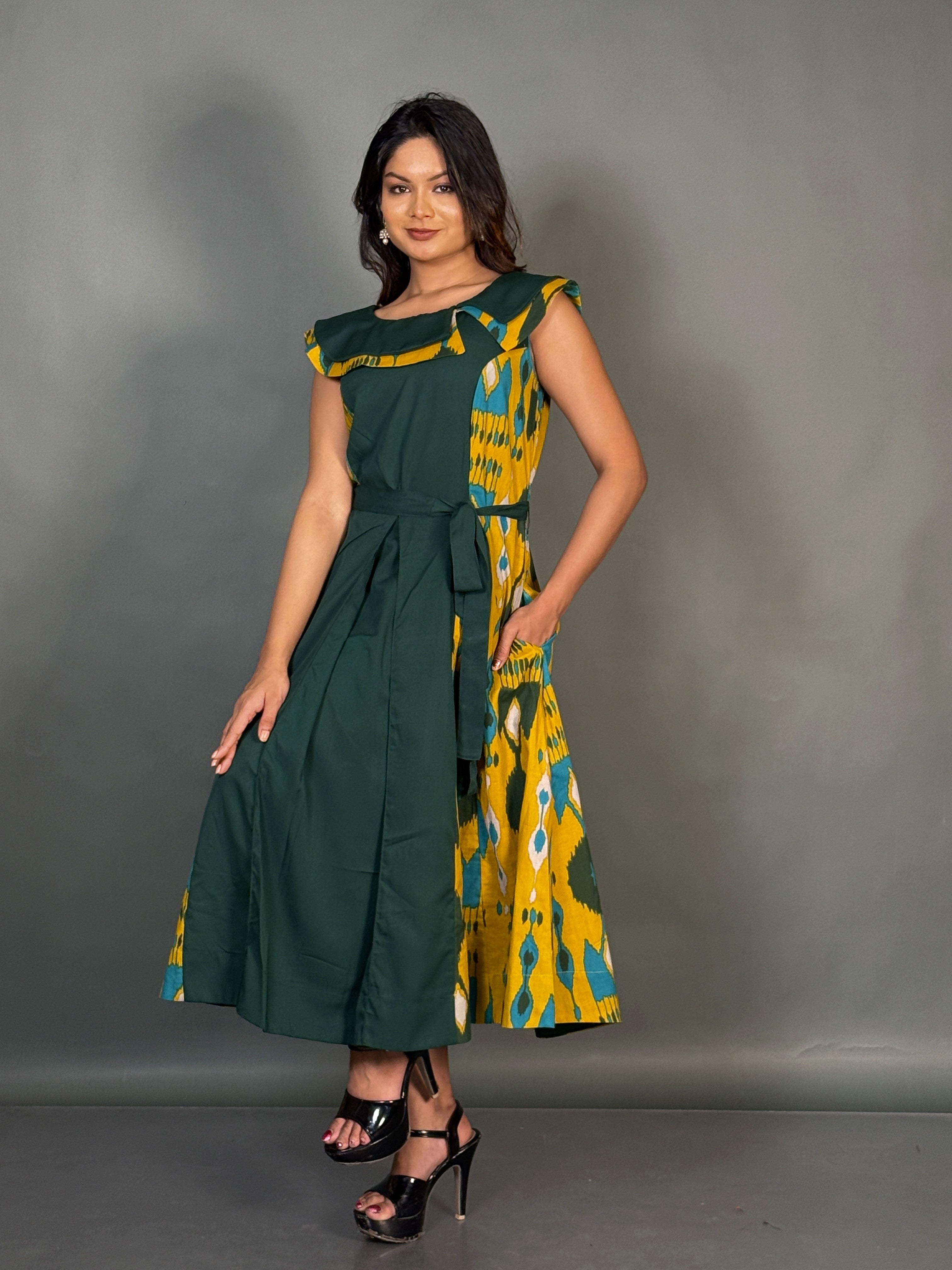 Earthy Elegance Yellow Green Cotton Fusion Dress