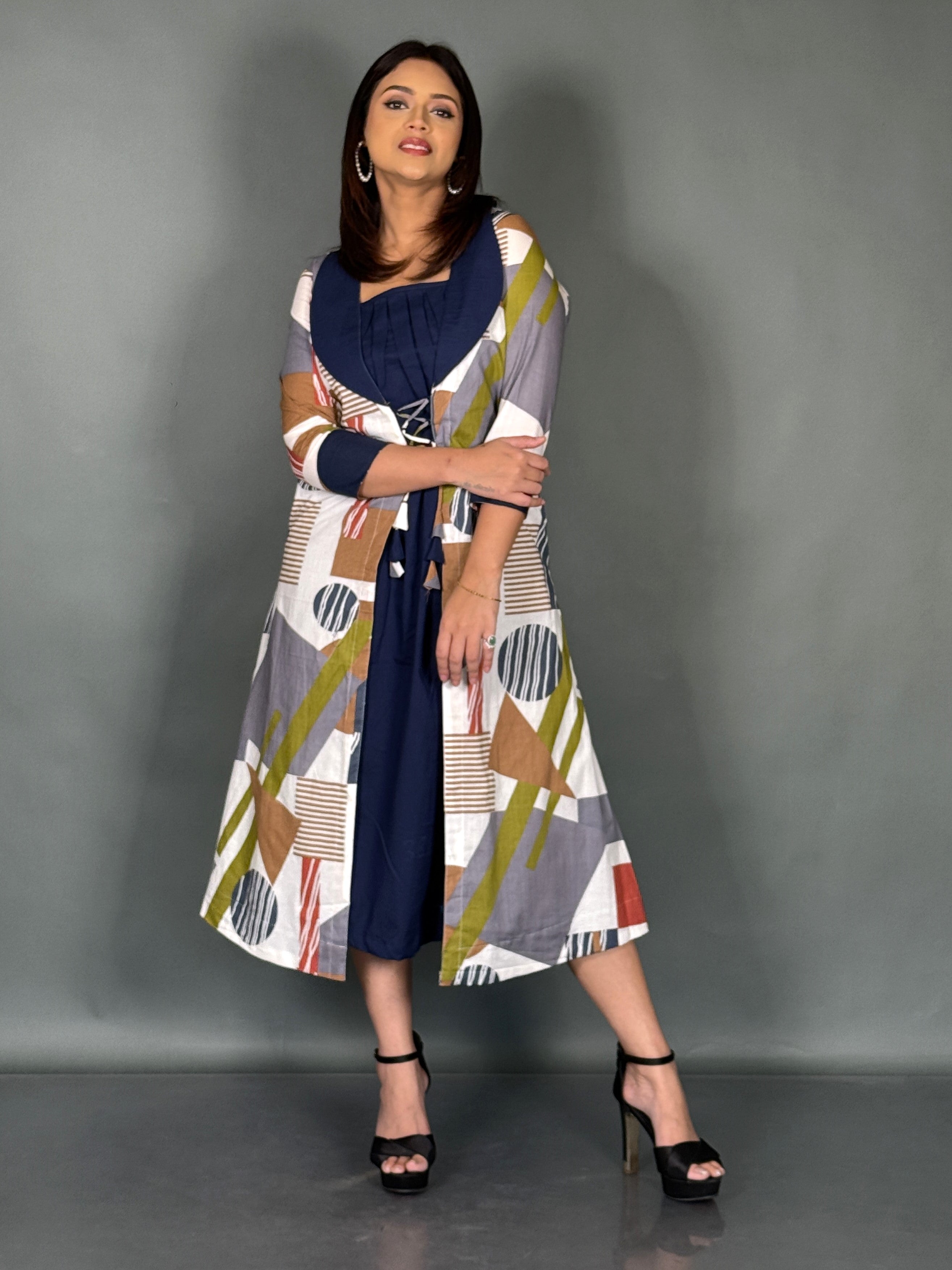 Curvy Chic Blue Printed Cotton Fusion Dress