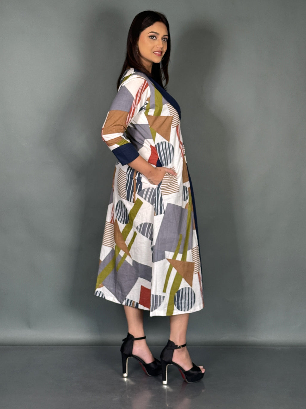 Curvy Chic Blue Printed Cotton Fusion Dress