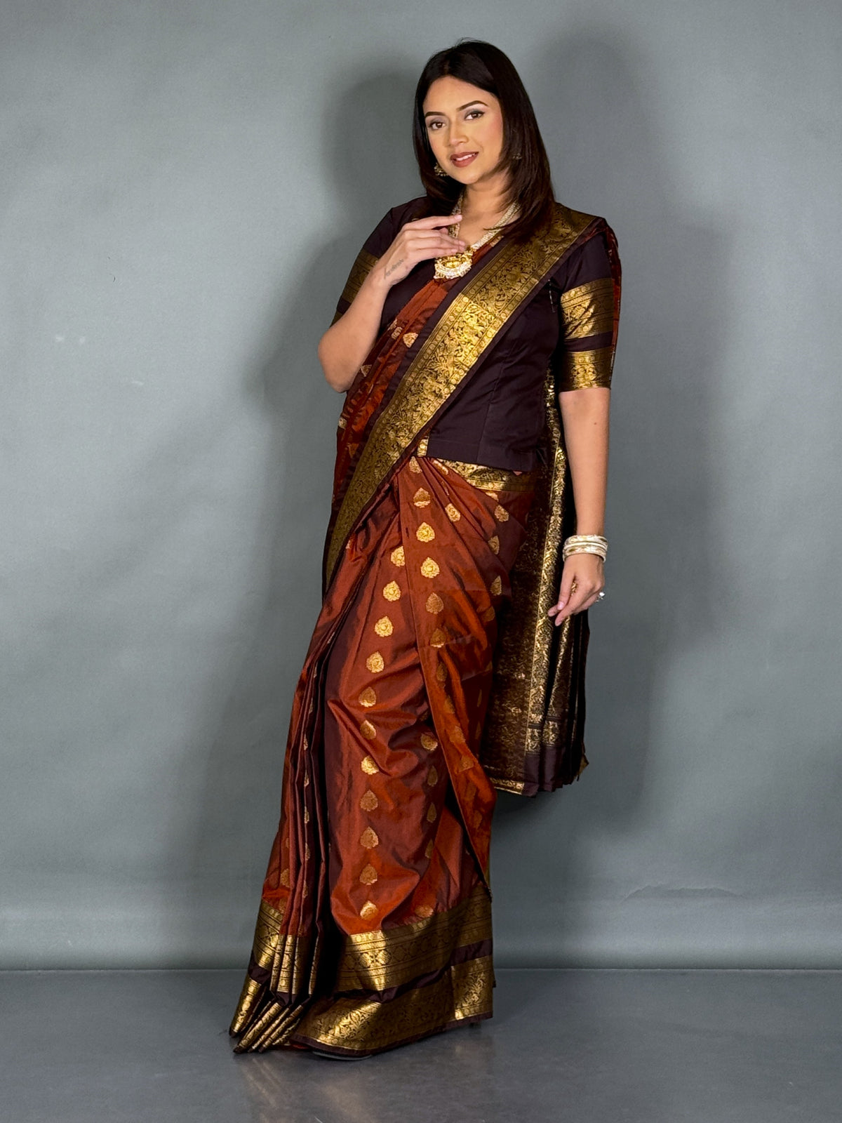 Rust & Orange Kanchipuram Semi Silk Insta Saree Set