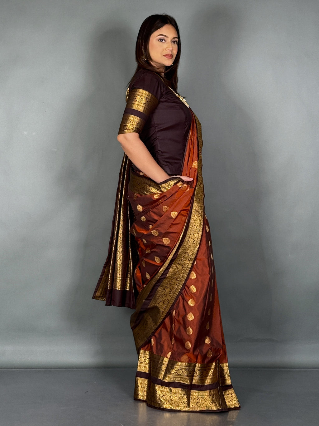 Rust & Orange Kanchipuram Semi Silk Insta Saree Set