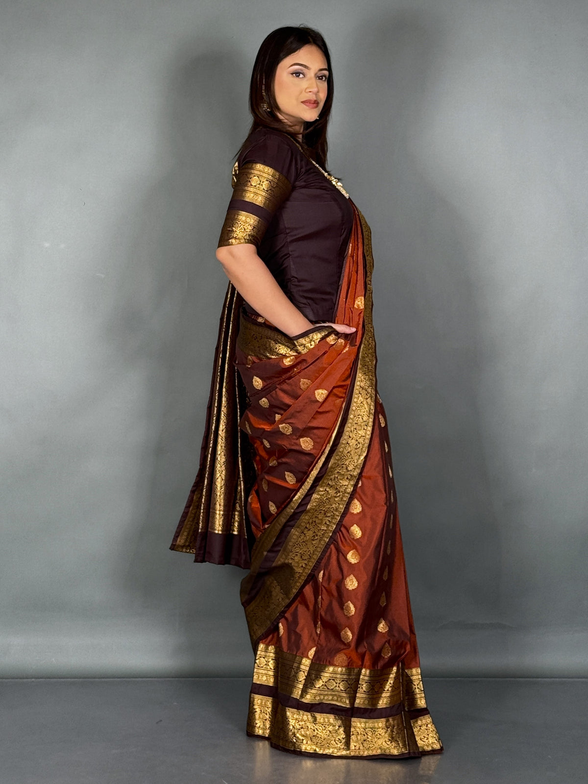 Rust & Orange Kanchipuram Semi Silk Insta Saree Set