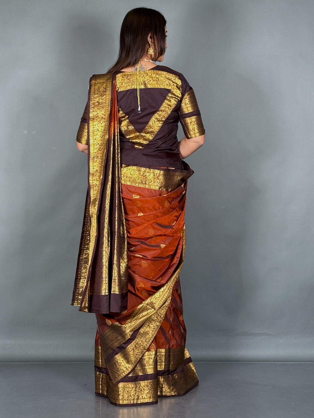 Rust & Orange Kanchipuram Semi Silk Insta Saree Set