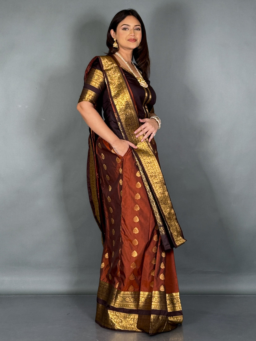 Rust & Orange Kanchipuram Semi Silk Insta Saree Set