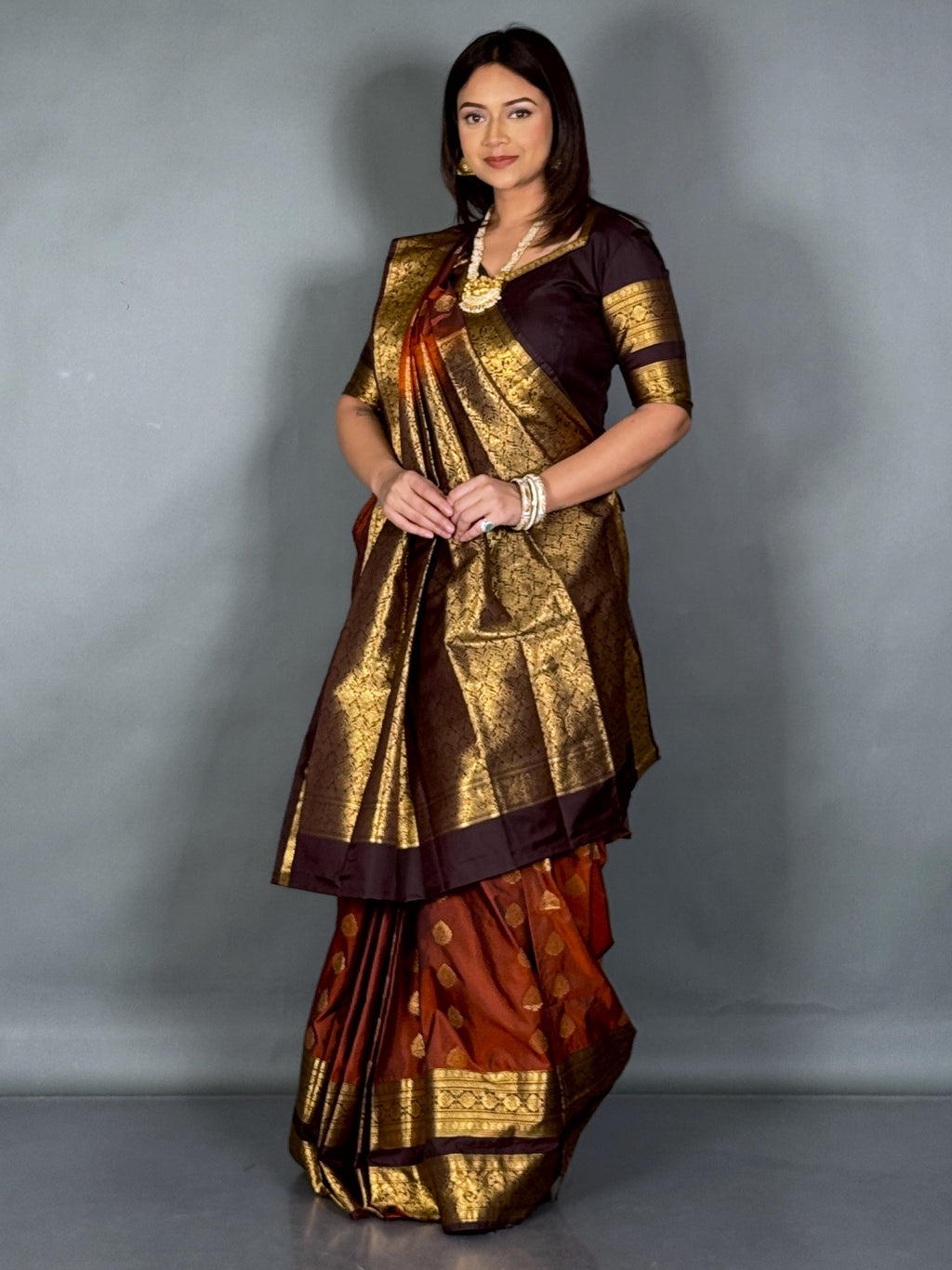 Rust & Orange Kanchipuram Semi Silk Insta Saree Set