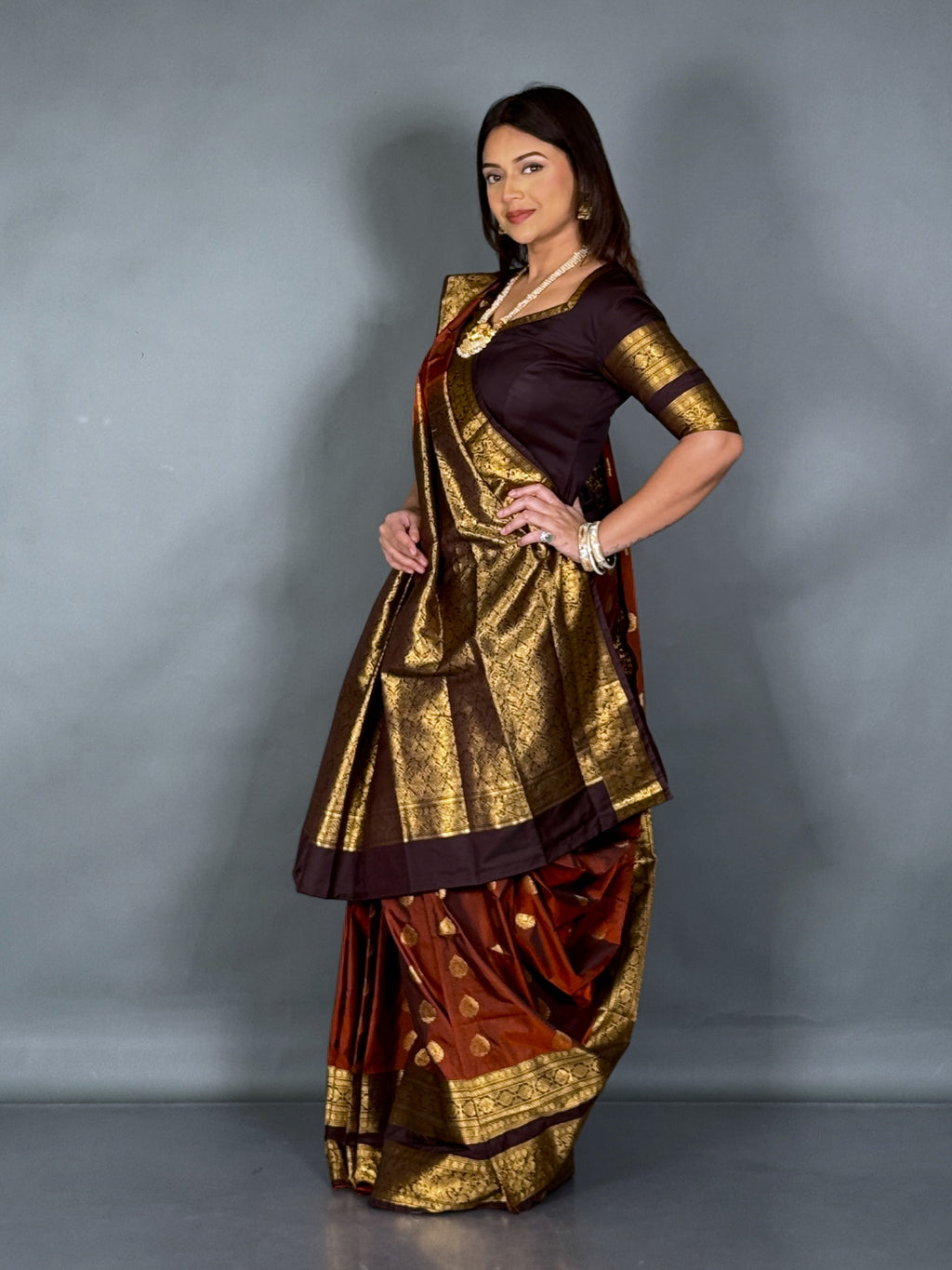 Rust & Orange Kanchipuram Semi Silk Insta Saree Set