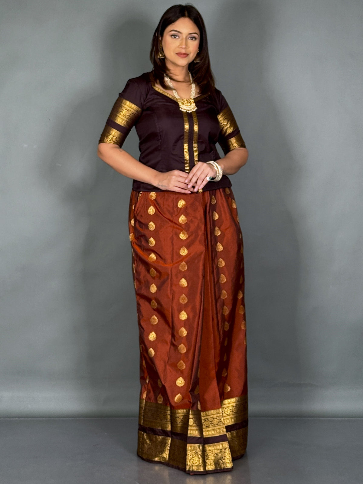 Rust & Orange Kanchipuram Semi Silk Insta Saree Set