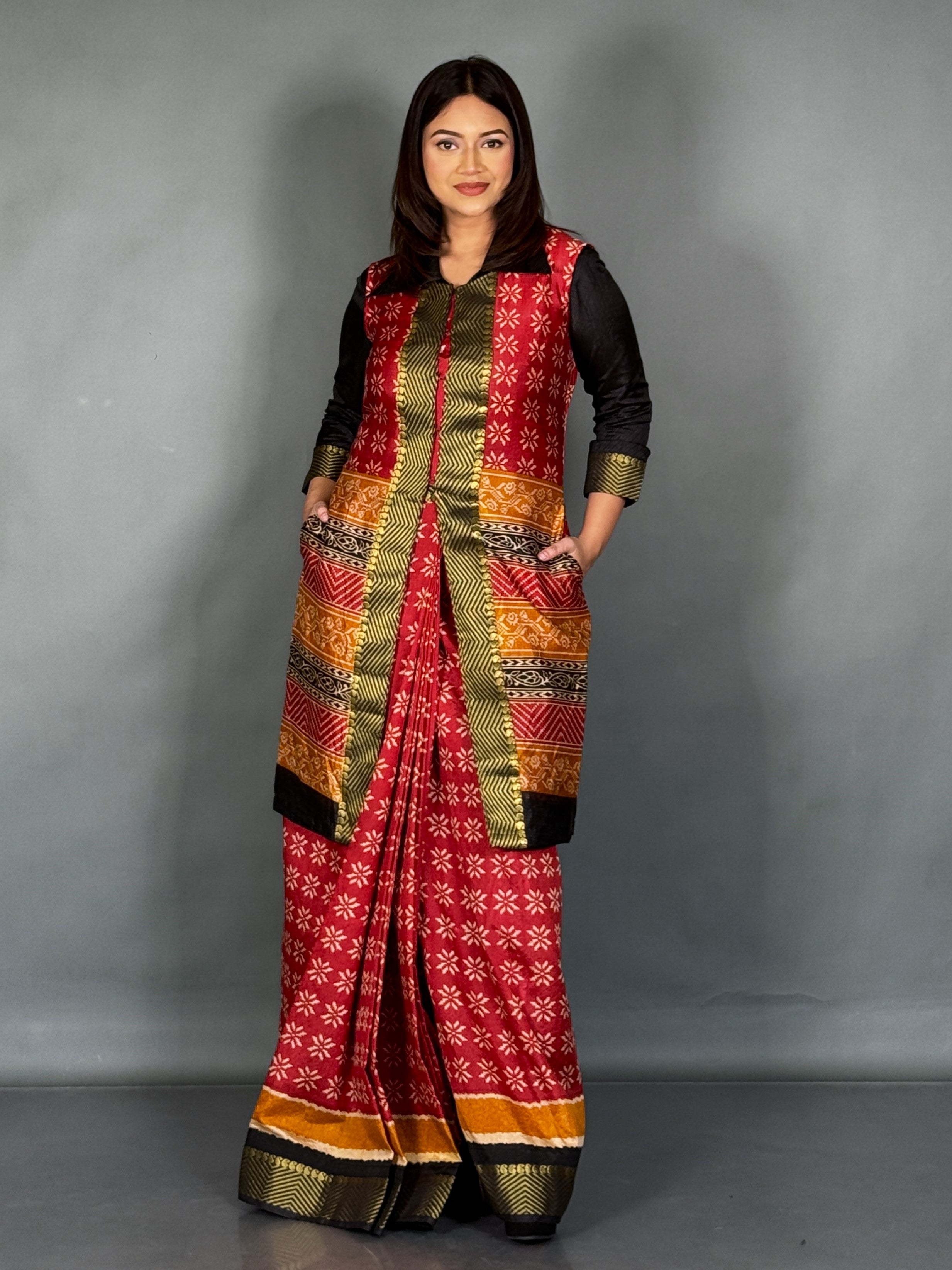Scarlet Charm Ready-to-Wear Saree & Statement Jacket