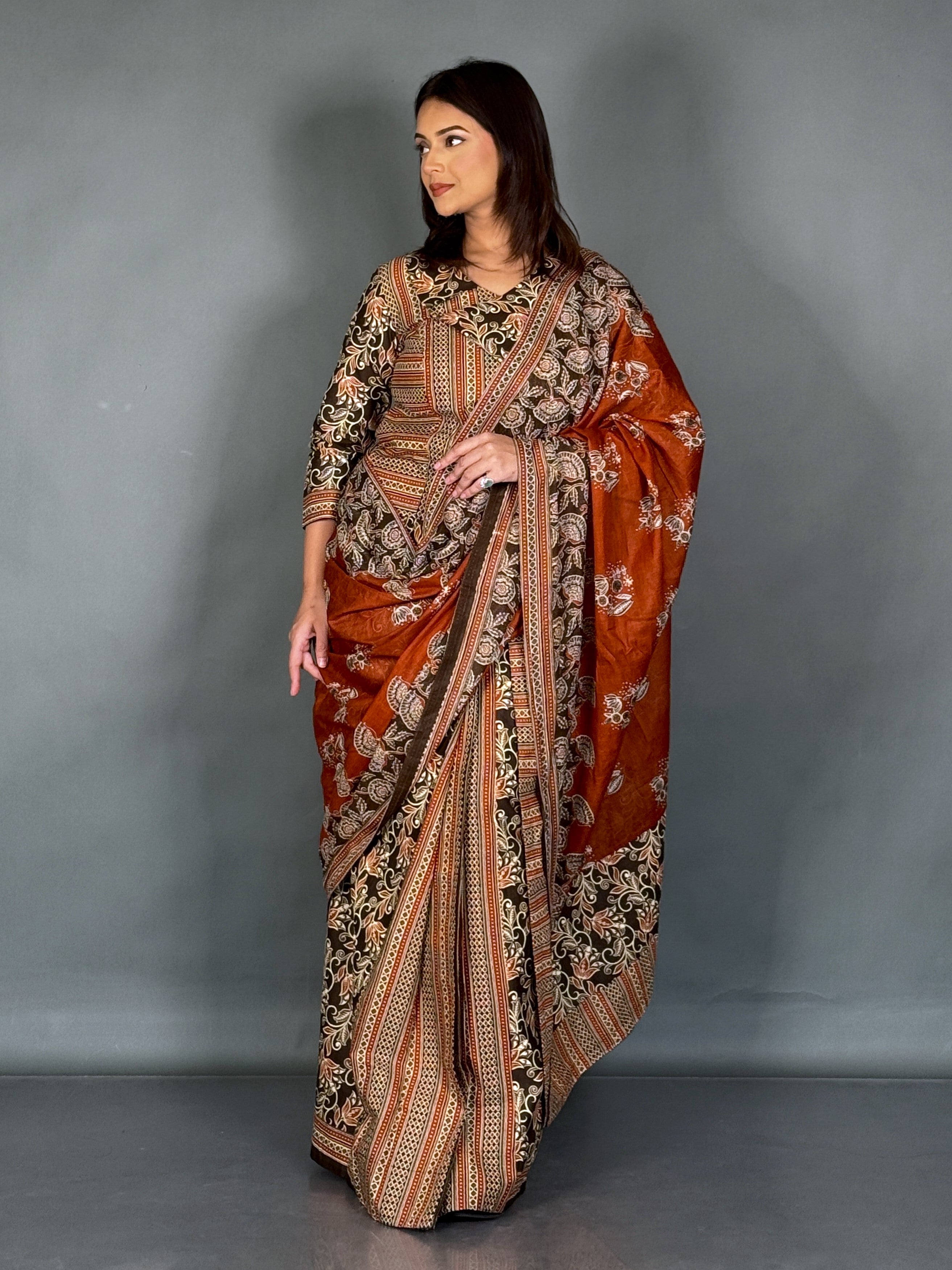 Earthy Charm Rust Designer Cotton Saree Set