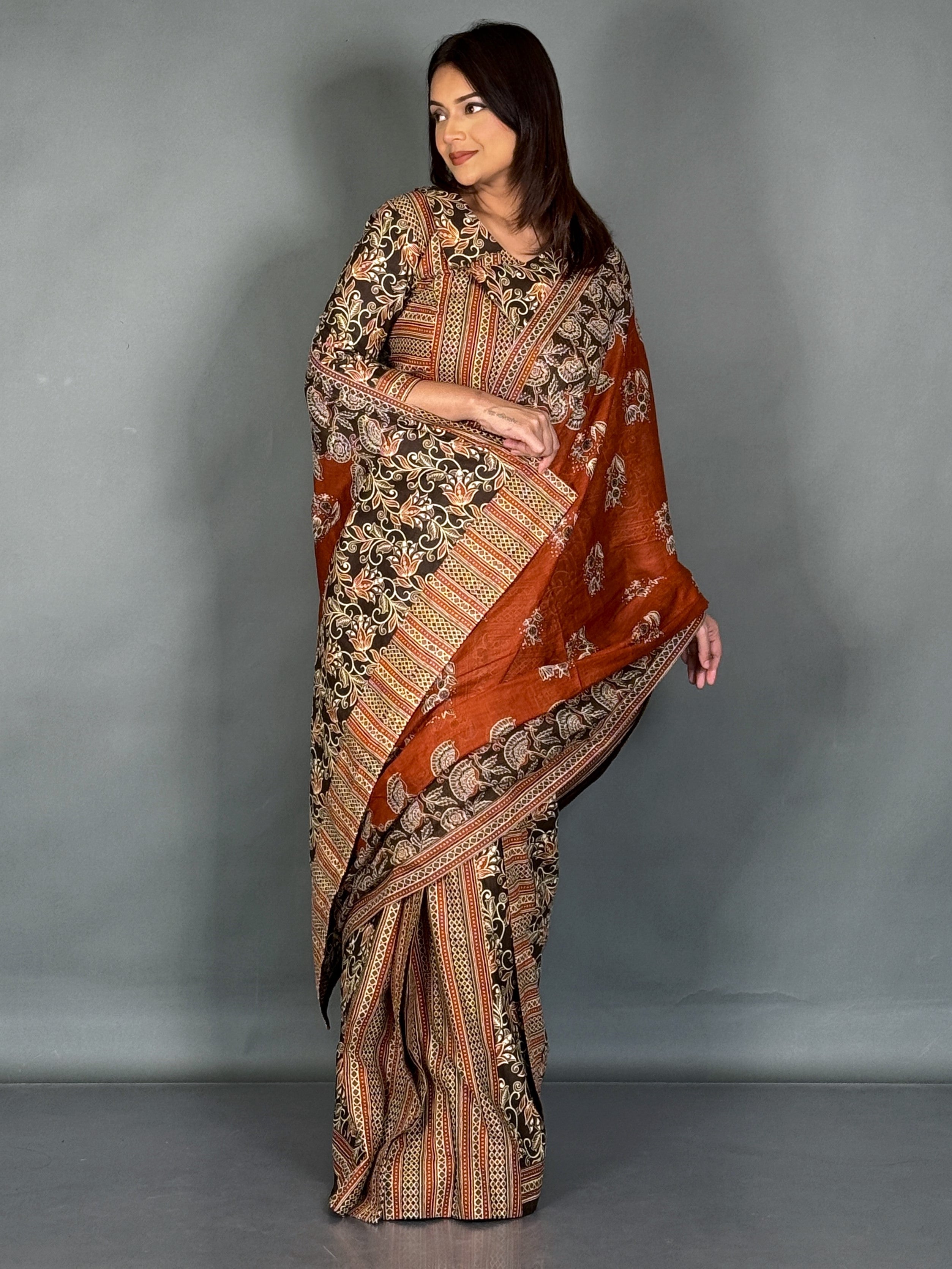 Earthy Charm Rust Designer Cotton Saree Set