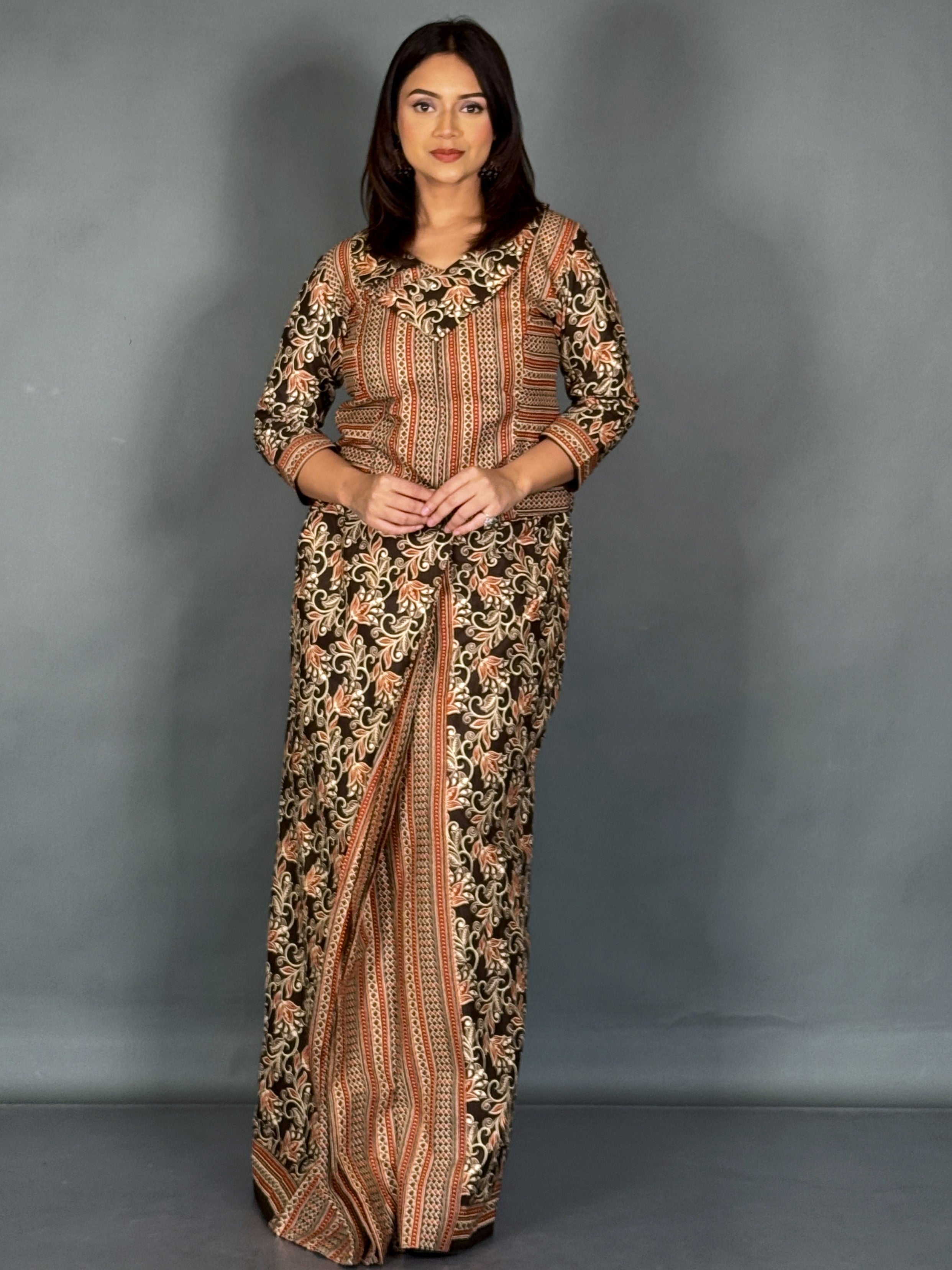 Earthy Charm Rust Designer Cotton Saree Set