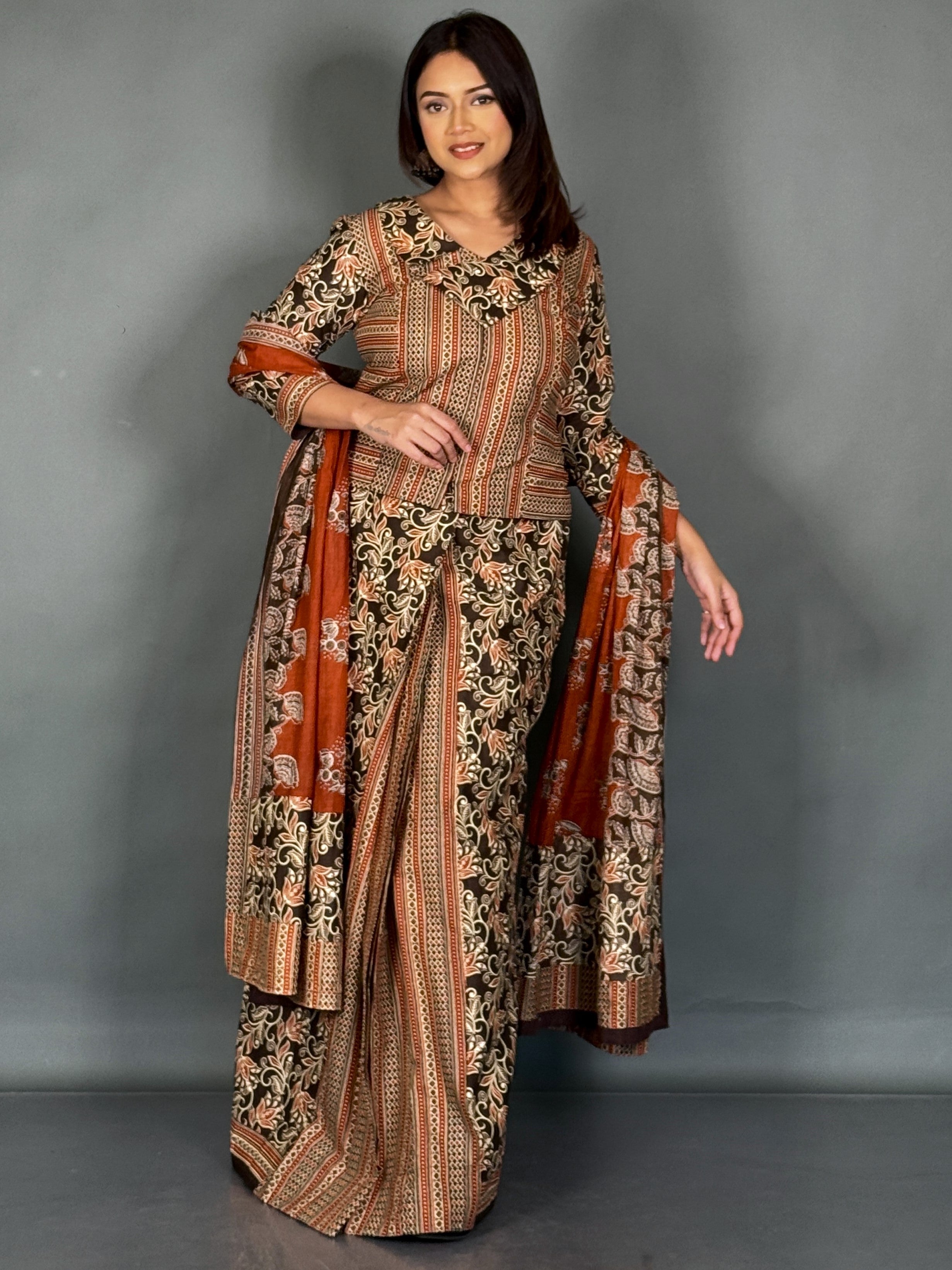Earthy Charm Rust Designer Cotton Saree Set