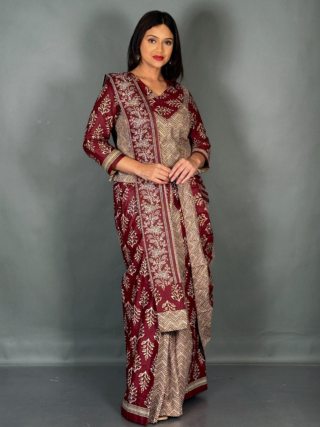 Maroon Cream Ajrak Print Elegance Plus Size Insta Saree Set
