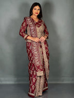 Maroon Cream Ajrak Print Elegance Plus Size Insta Saree Set