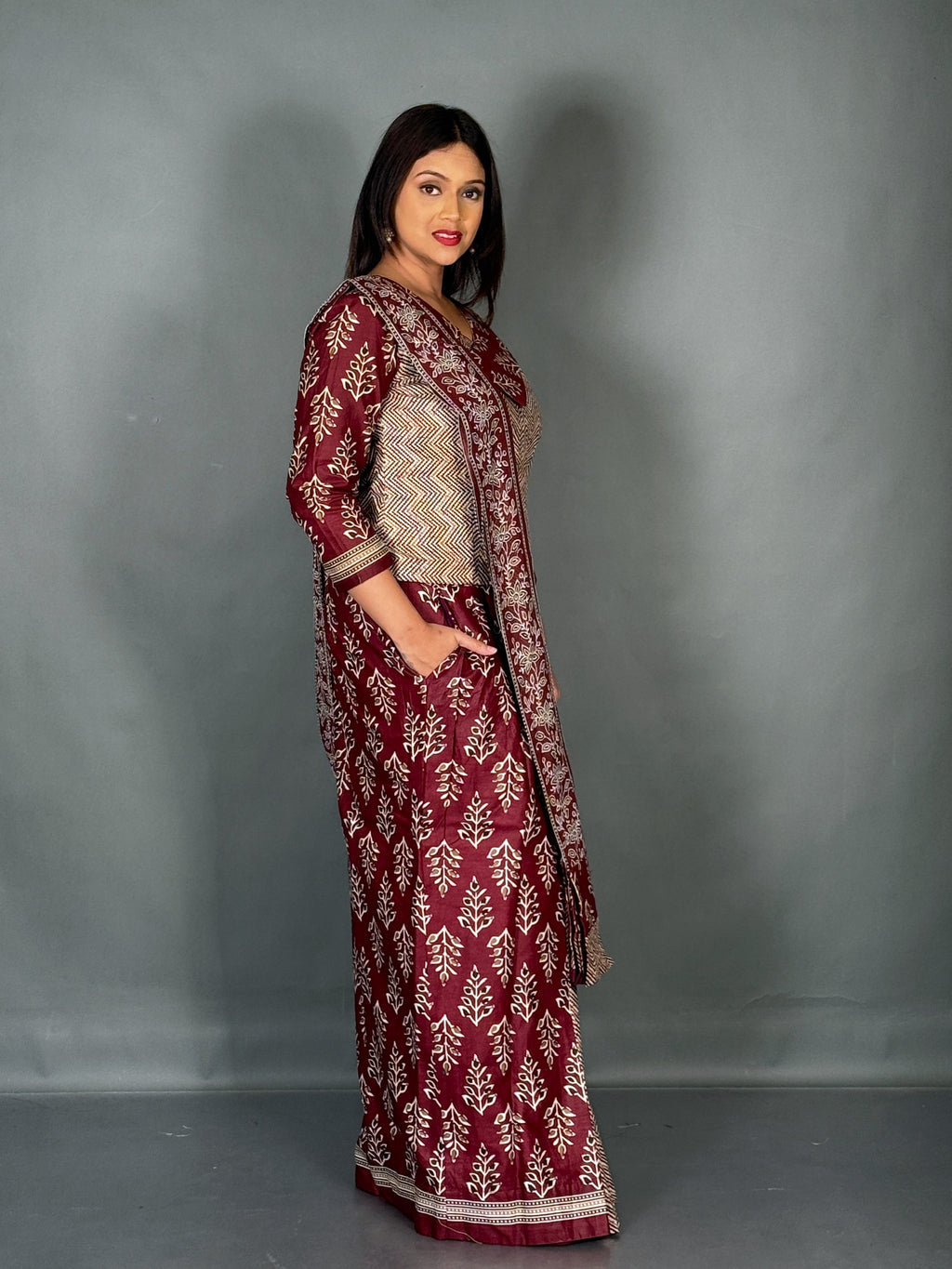 Maroon Cream Ajrak Print Elegance Plus Size Insta Saree Set