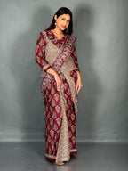 Maroon Cream Ajrak Print Elegance Plus Size Insta Saree Set
