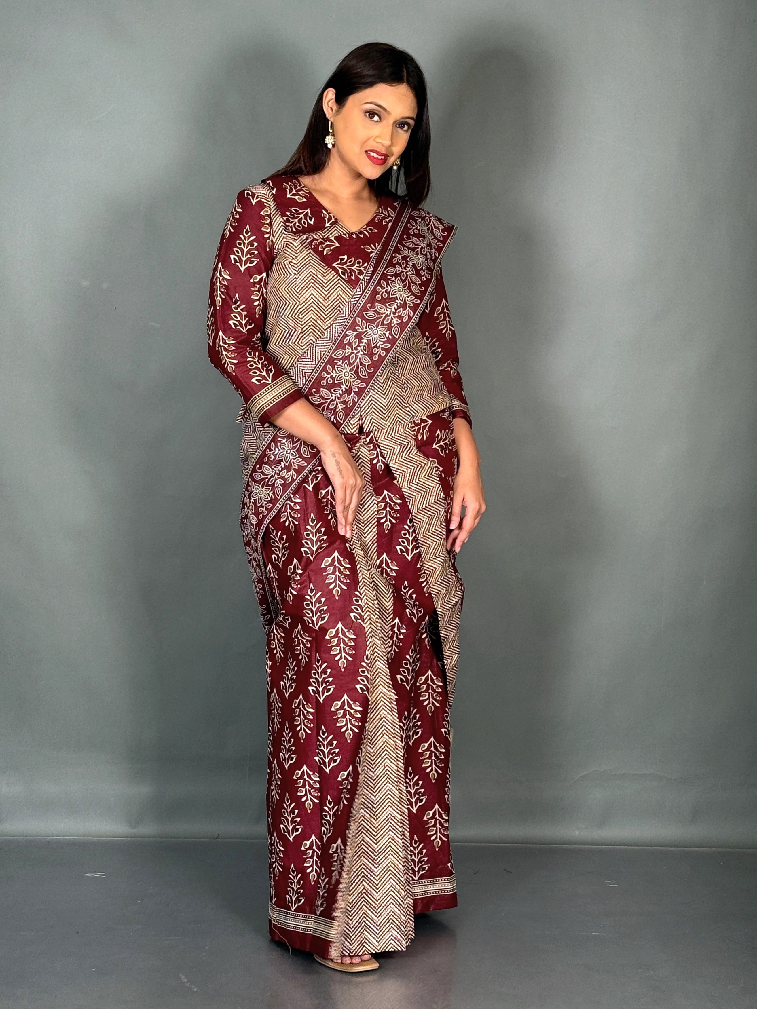 Maroon Cream Ajrak Print Elegance Plus Size Insta Saree Set