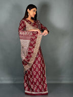 Maroon Cream Ajrak Print Elegance Plus Size Insta Saree Set